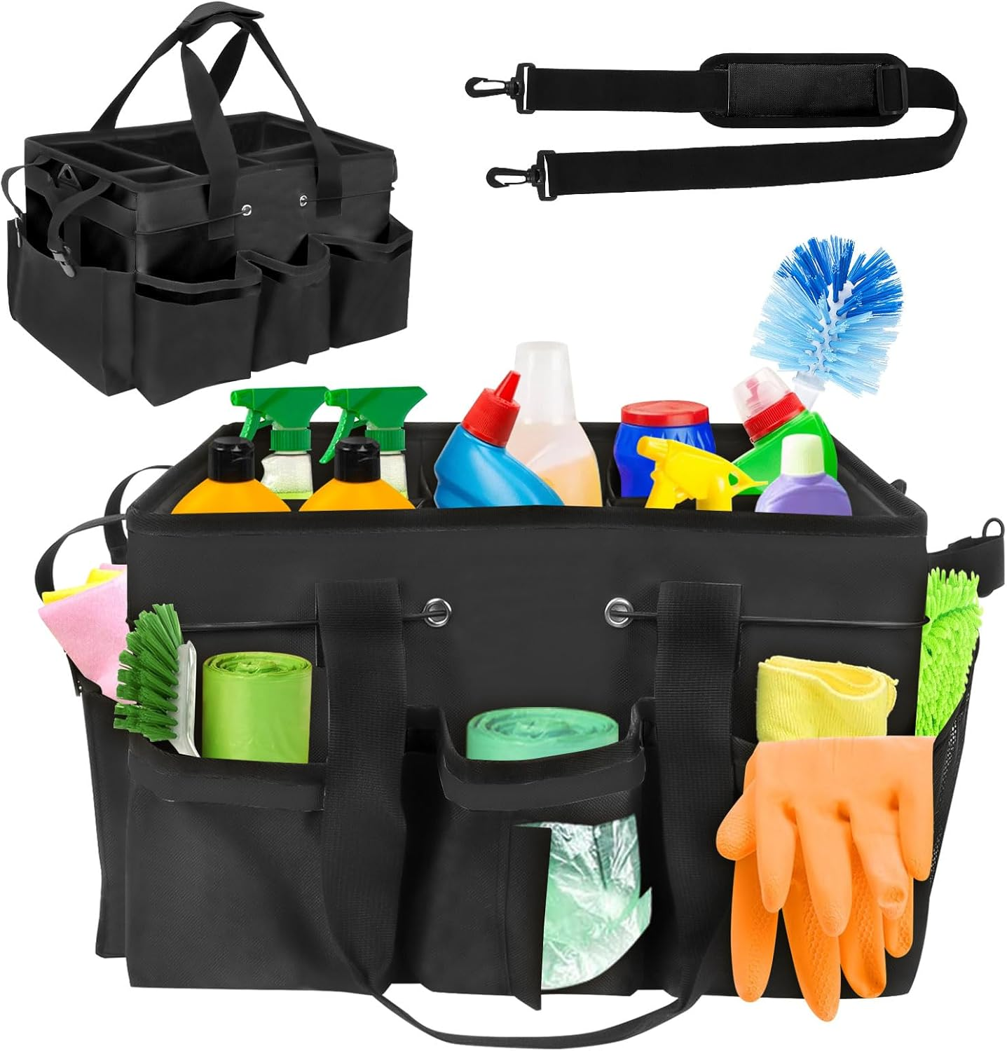 Universal Cleaning Caddy, 40 X 23.5 X 27.5 Cm Cleaning Caddy Organiser with Handle, Large Cleaning Agent Organiser Bag for Cleaning Agents Storage, for Home, Car, Bathroom (Black) image number 3