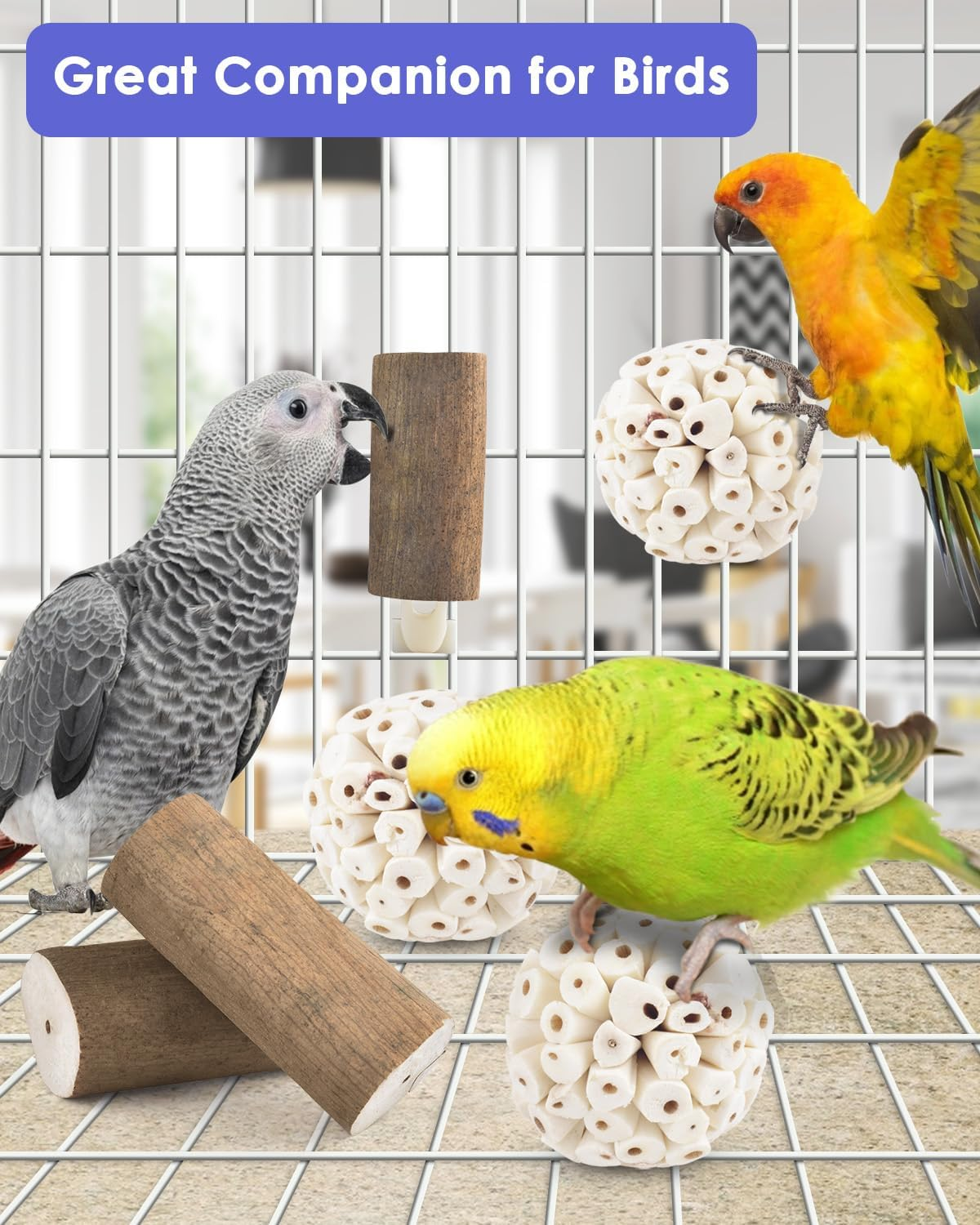 Bissap 7PCS Small Parrot Toys, Natural Sola Balls Bark Sticks Chew Forage Toy Bird Foot Balls for Cockatiels Conures Cockatoos Parakeets Love Birds Budgie Finch Cage Bite Toys image number 5