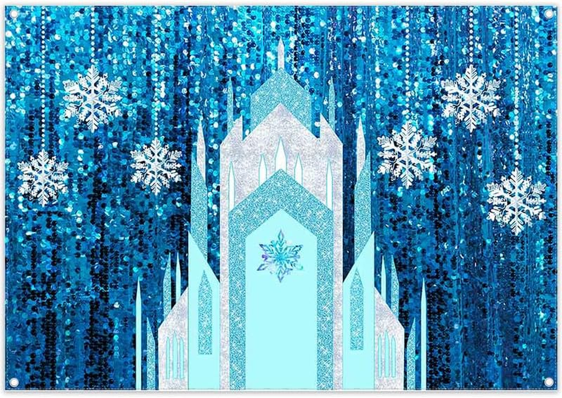 ZTHMOE 7X5Ft Fabric Ice Snow Castle Backdrop Girl Birthday Party Princess Decoration Cake Table Banner Snowflake Curtain (No Glitter No Sequin) Winter Photo Prop image number 3