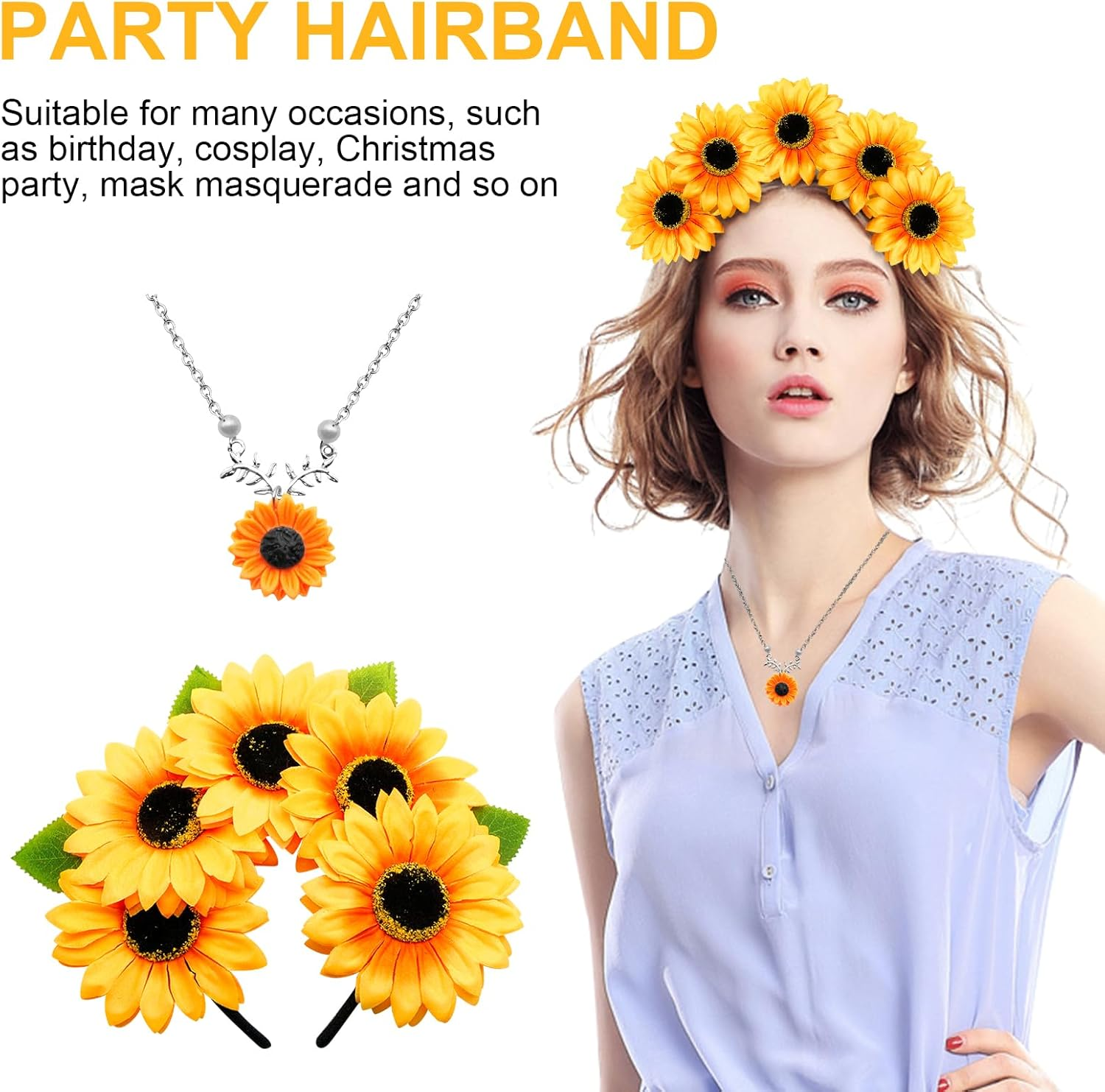 Rigidstone Sunflower Headband, Bohemian Sunflower Headpiece with Sunflower Necklace, Women Flowers Headband for Beach Photography Props Masquerade Party Decoration Pack of 2 image number 1