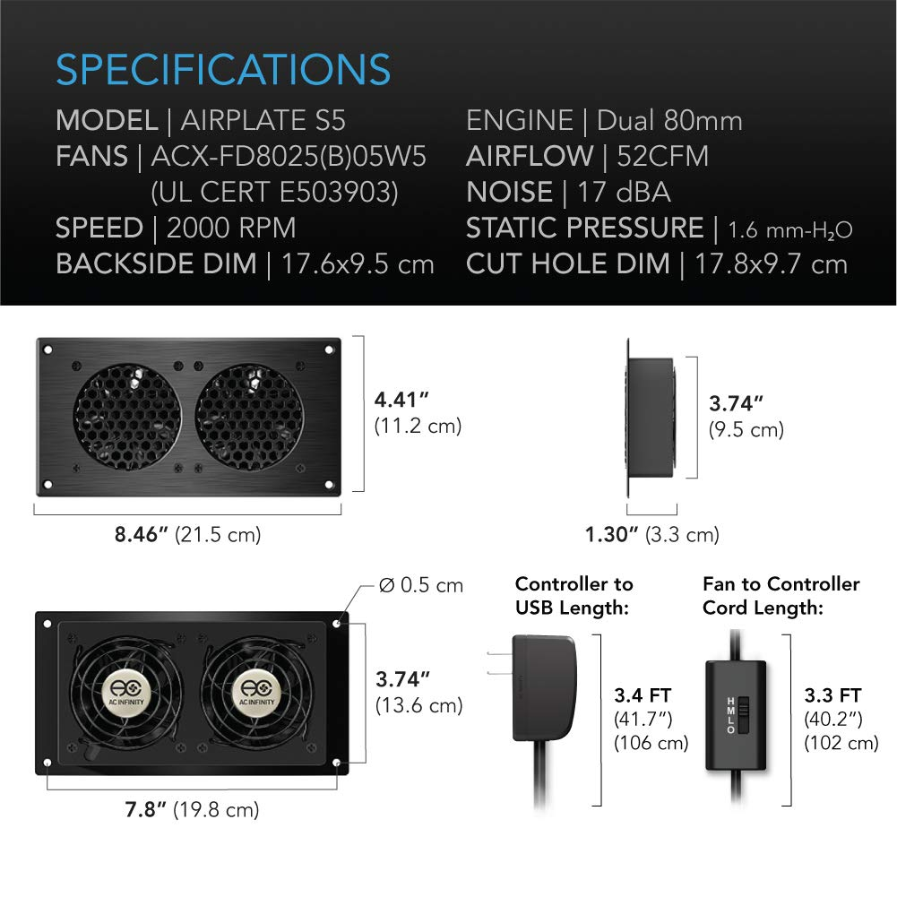 AC Infinity AIRPLATE S5 Quiet Cooling Fan System 8 with Speed Control for Home Theater AV Cabinets - Dual 80 image number 6