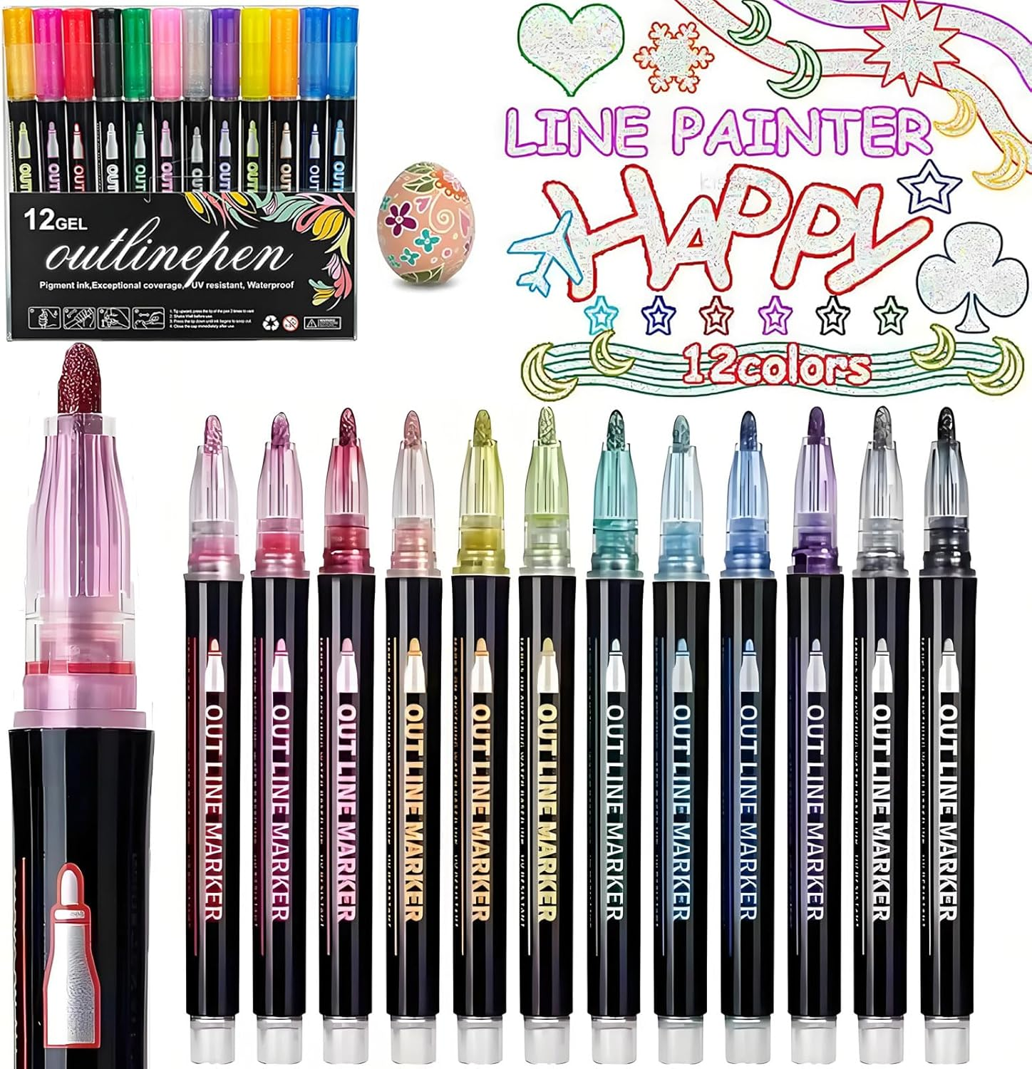MYTOAU 12 Colors Shimmer Glitter Pens, Glitter Markers,Outline Markers Glitter Pens, Glitter Gel Pens for Art, Drawing, Writing, Greeting Cards, DIY, Scrapbook, Easter Eggs,Crafts,School Supplies