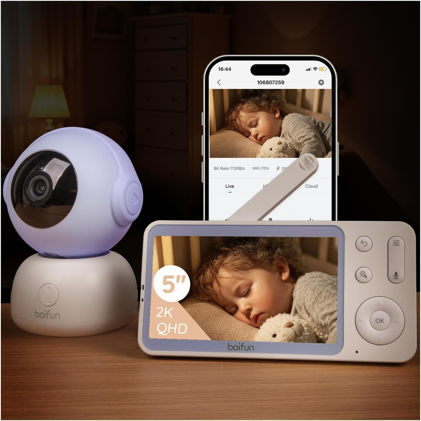 BOIFUN 2K Baby Monitor with 5" Screen & Smart App Control, Wifi Video Camera 360&deg; Auto Tracking, AI Motion & Cry Detection, Night Vision,Temper & Humidity Detection, 2-Way Talk, Long Battery Life image number 5