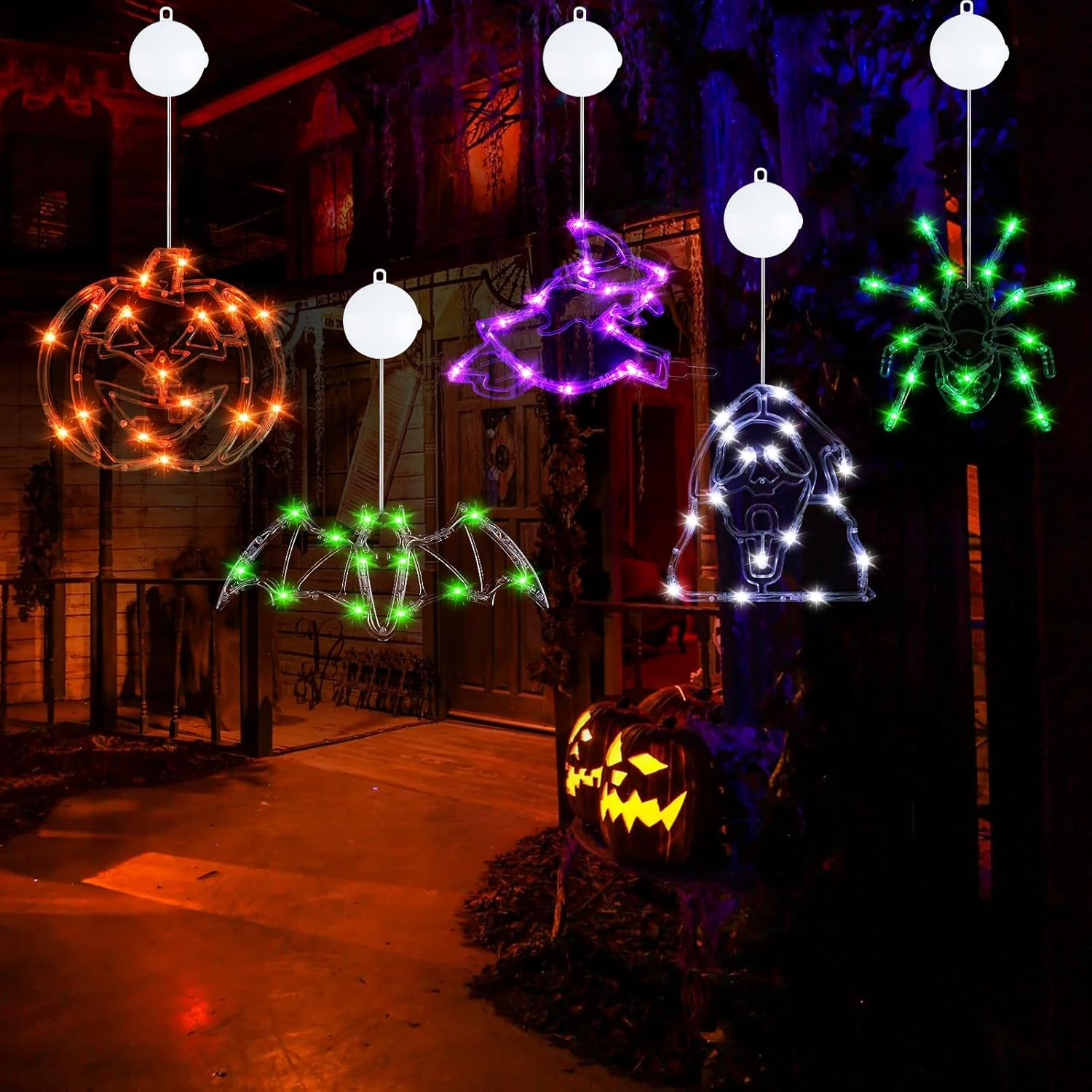 Wlicon 5 PCS Halloween Lights Decorations Green Spider Orange Pumpkin White Ghost Purple Witch Green Bat with Suction Cups and Battery Operated Halloween Lights with Timer for Window House Decoration image number 2