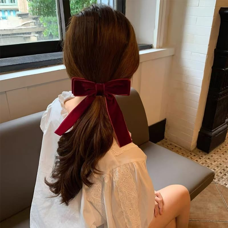 Velvet Bows for Girls Red Ribbon Bow Hair Clip Long Tail French Hair Barrettes for Women Velvet Christmas Bows for Hair Dark Red Bow Hair Accessories for Toddlers Alligator Clip image number 5