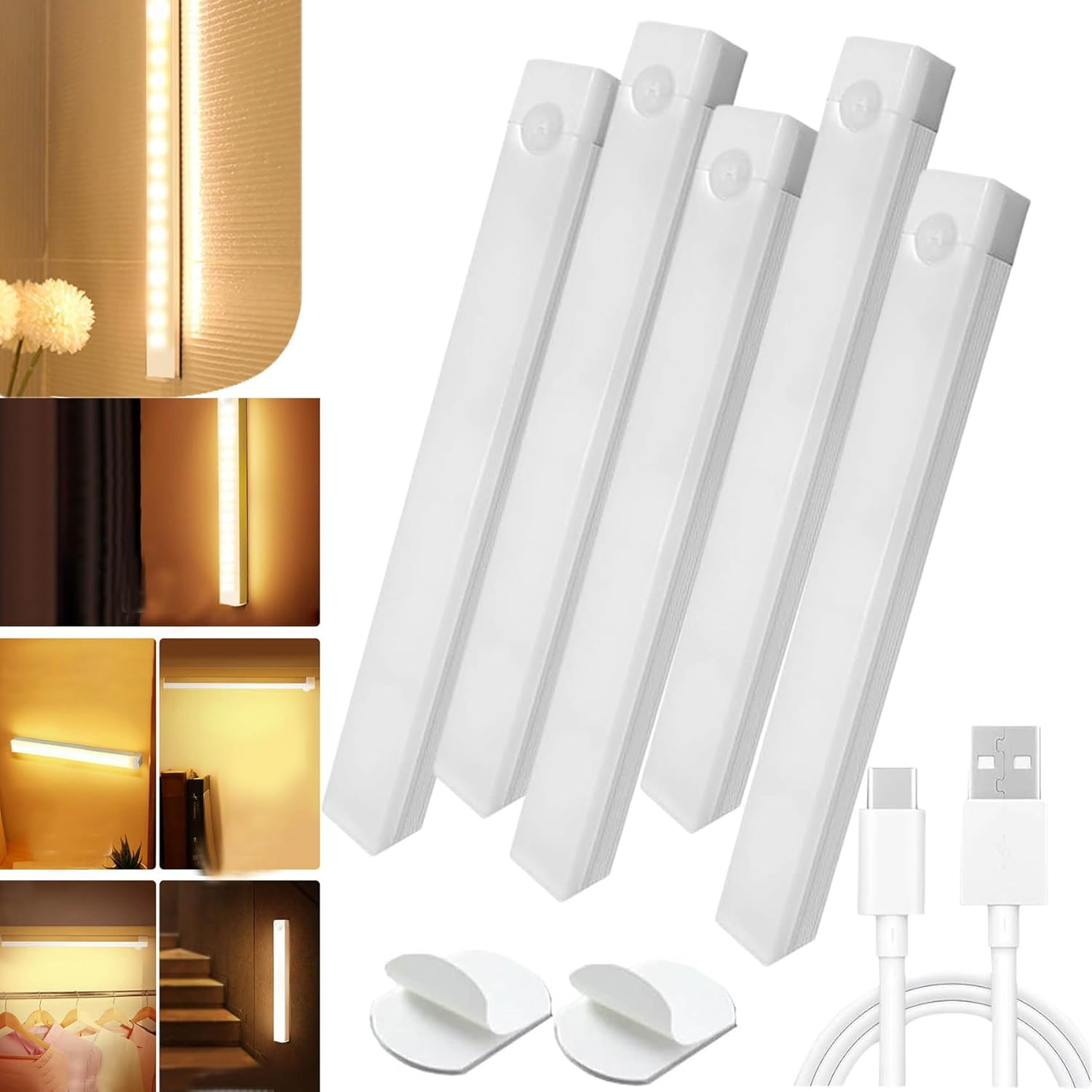 Punch-Free Smart Sensor Magnetic Rechargeable Led Lights, Magnetic Led Motion Sensor Light Indoor, Rechargeable Motion Activated under Cabinet Lighting, for Stairs, Wardrobe (5Pcs-Warm,7.9In)