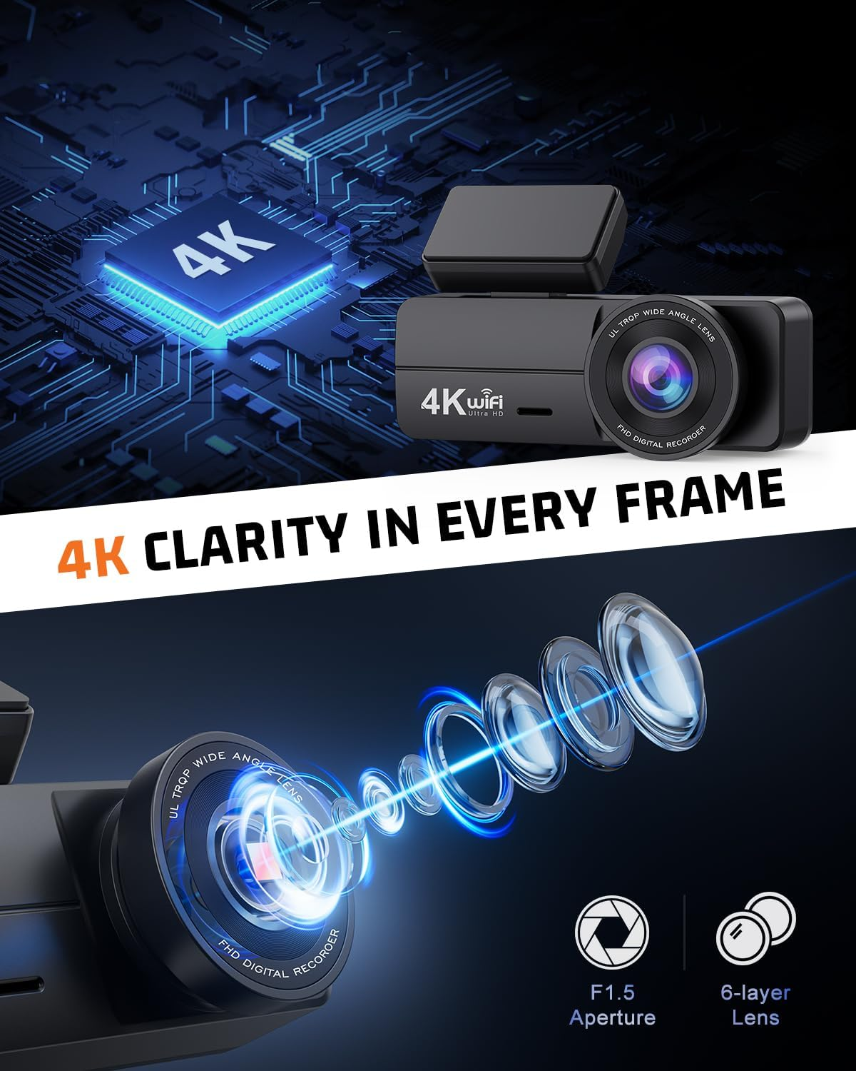 Dash Cam Front and Rear 4K+1080P, Dash Cam Inserted 64GB SD Card, Built-In Wifi, Super Night Vision, 24H Parking Mode, G-Sensor, Loop Recording, Time-Lapse, WDR, 170&deg;/140&deg;, F1.8 Aperture, 4-Layer Lens - Grey image number 3