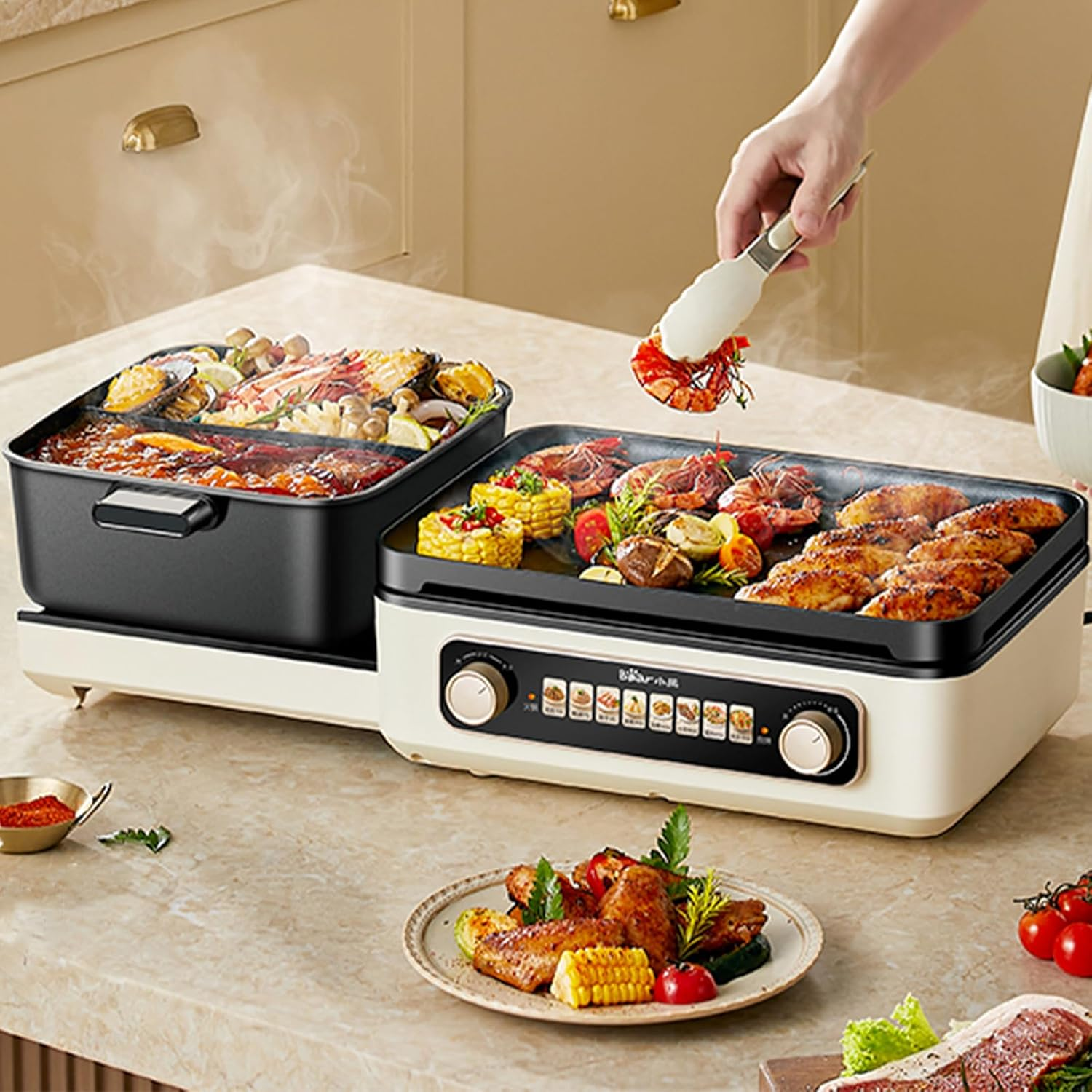 BEAR Electric Grill with Hot Pot, 2-In-1 Folding Korean BBQ Grill Indoor & Shabu Shabu Pot, Removable Hotpot Pot & KBBQ Grill, Non-Stick, Adjustable Temperature, 2100W