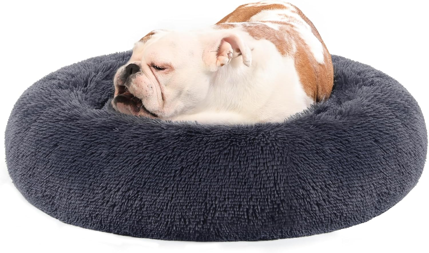 Feandrea Fluffy Dog Bed, Cat Bed, Doughnut Cushion, Washable, Removable Padding in the Centre, Long Plush, 50 Cm Diameter, Ombre Grey PGW037G01