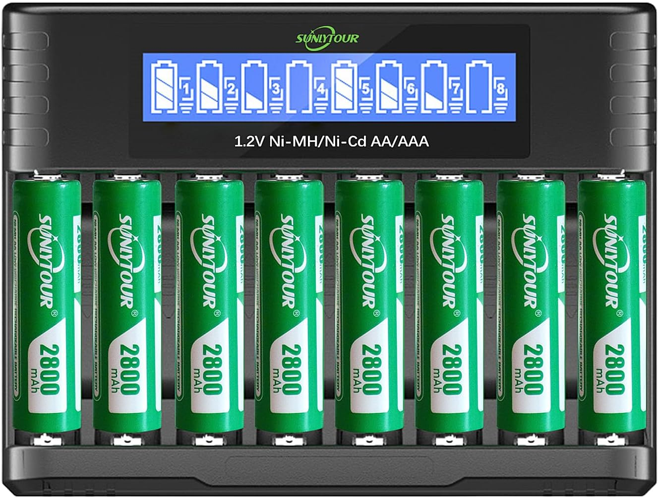 2800 Mah Ni-Mh AA Battery with Charger, SUNLYTOUR Pack of 8 2800 Mah AA NI-MH Batteries with 8 Slots AAA AA Charger, Charge up to 1200 Cycles image number 6