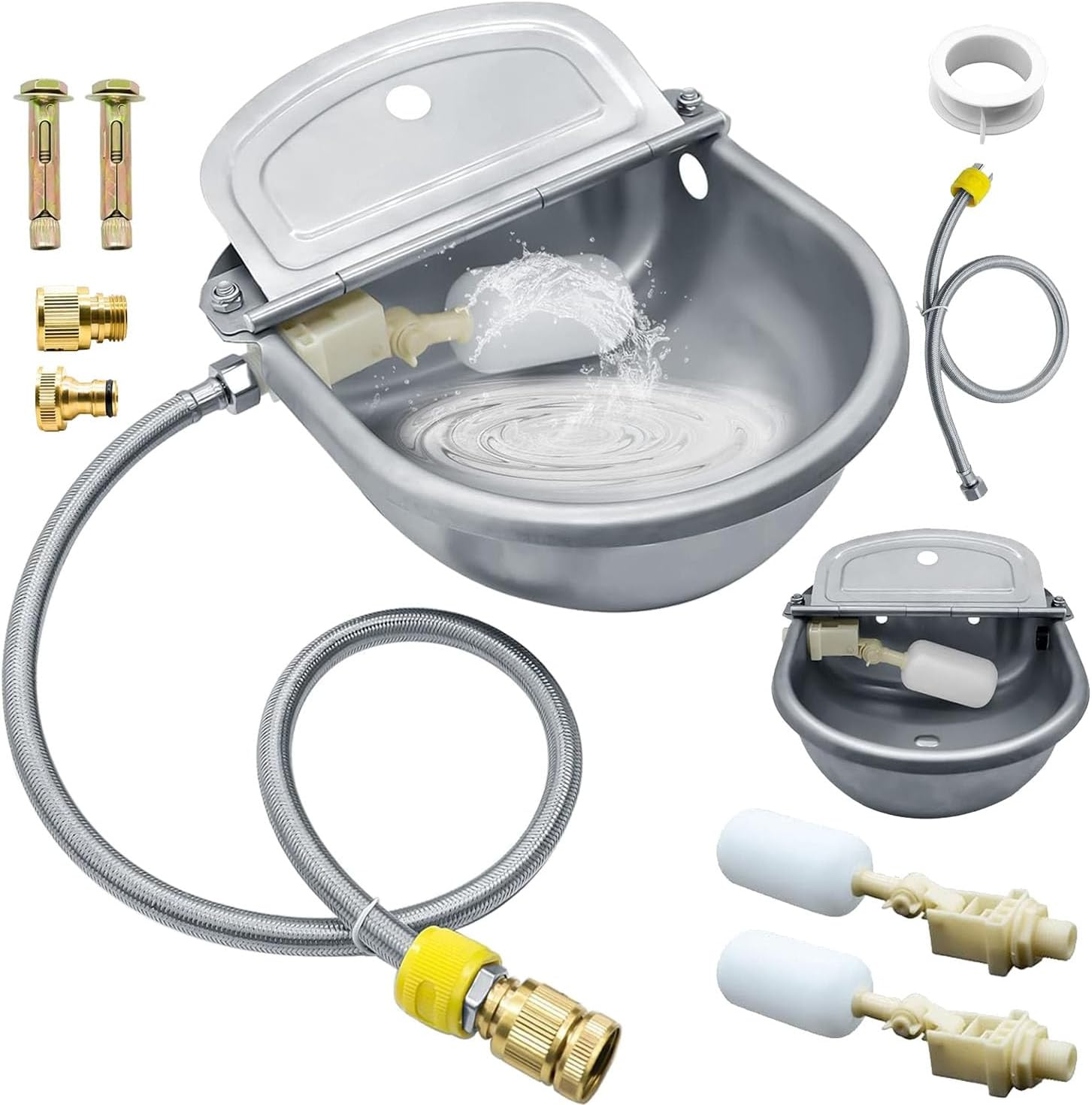 Automatic Animal Drinking Water Bowl, 304 Stainless Steel Waterer for Dog Horse Goat Pig Cow, Livestock Water Trough Dispenser with Pipe Hose, 2 Float Valves, Quick Connecter, Expansion Bolt