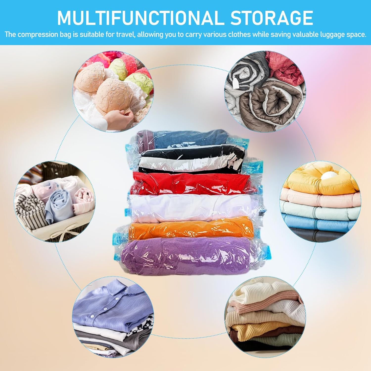 SHINEOFI 12 Pcs Travel Compression Packing Bags with Double-Sided Seal Vacuum Storage Organizers for Clothes Two Reusable Space-Saving Travel Essentials image number 3