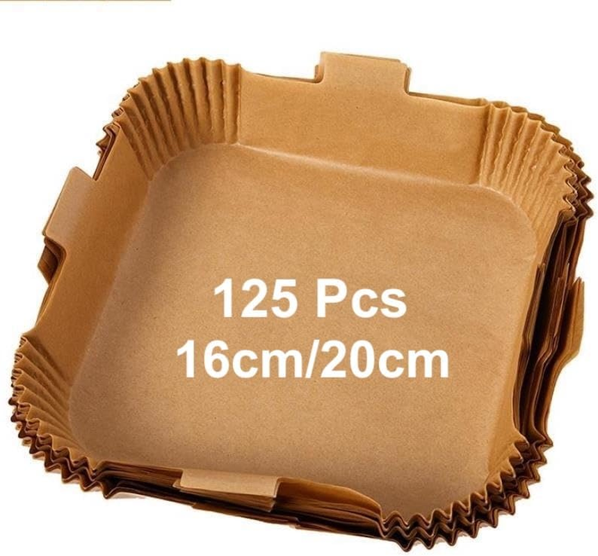 Air Fryer Paper Liners with Handles, Square, 16Cm & 20Cm, 125Pcs Extra Thick Disposable Parchment Liners, Non-Stick, Oil-Proof, Compatible with Tefal, Philips, Breville & More, Bpa-Free, Unbleached image number 3