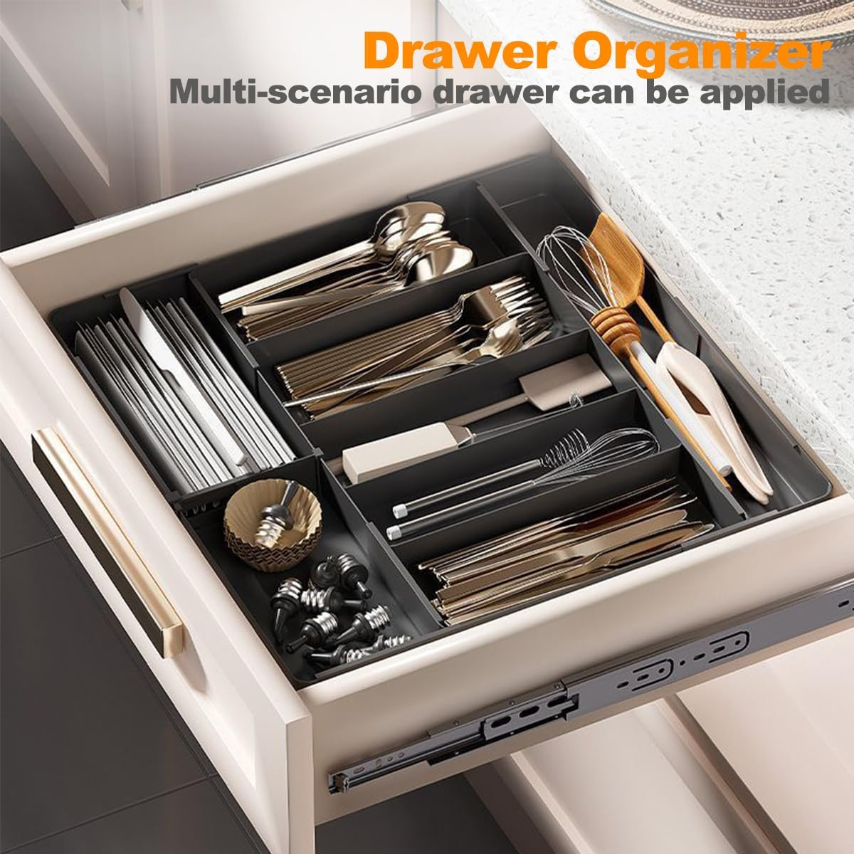 Cutlery Drawer Organiser, Kitchen Drawer Organiser, 4-Sided Telescopic Expandable Cutlery Organiser for Silverware,Cutlery, Accessories or Gadgets,Black image number 6