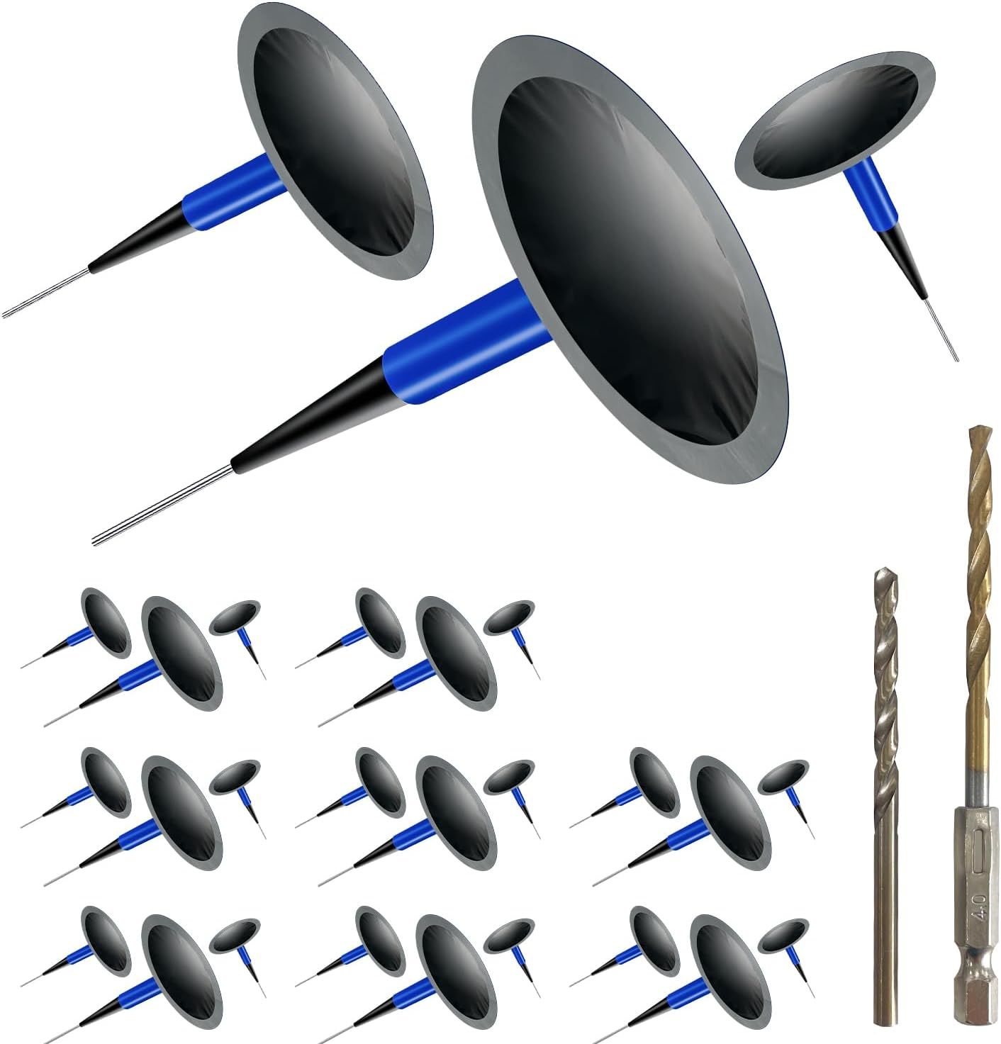 Tire Repair Patch Tool Kit Including 24Pcs Tire Patch Plugs, Tungsten Buffing Wheel, Tire Patch Roller with 4Mm Twist Drill Bits for Vehicle image number 2