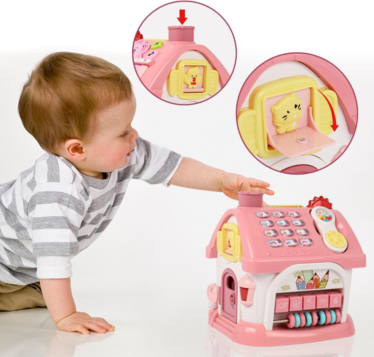 Toys for 1+ Year Old Girls, Montessori Toddlers Toys with Sound/Lights/Music/Clock/Telephone/Car 8 in 1 Multi-Functional House, Early Educational Birthday Girl and Boy