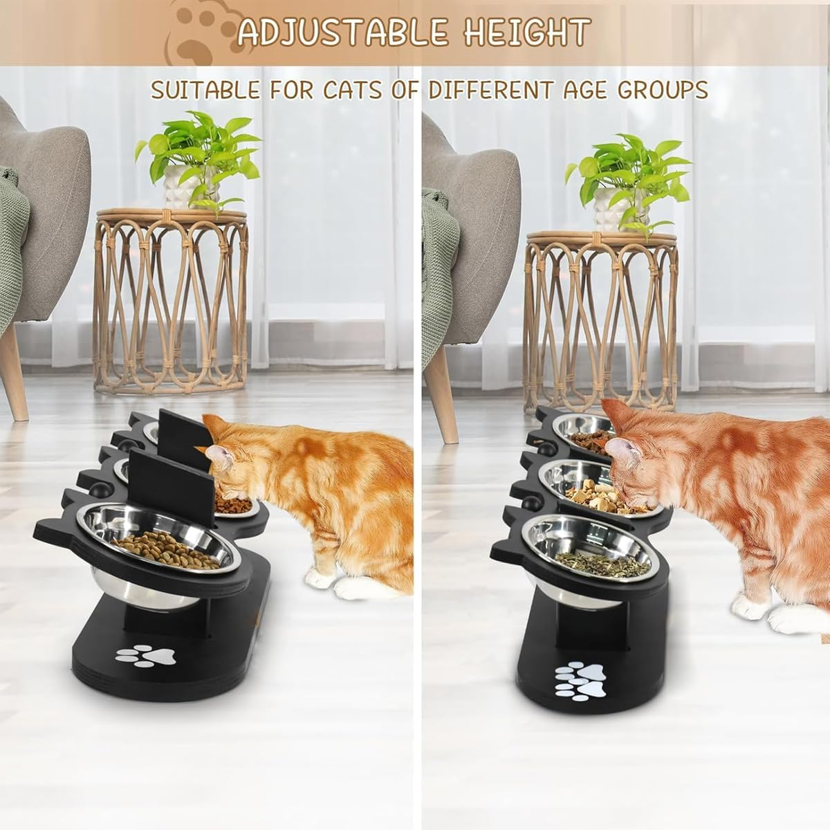 AIMALL 3Pcs Adjustable Pet Feeder, Wooden Cat and Dog Food Bowl Stand with Stainless Steel Bowls, Elevated Feeding Rack for Pets, 16.53X6.29X6.06 Inch Durable Dining Table image number 5