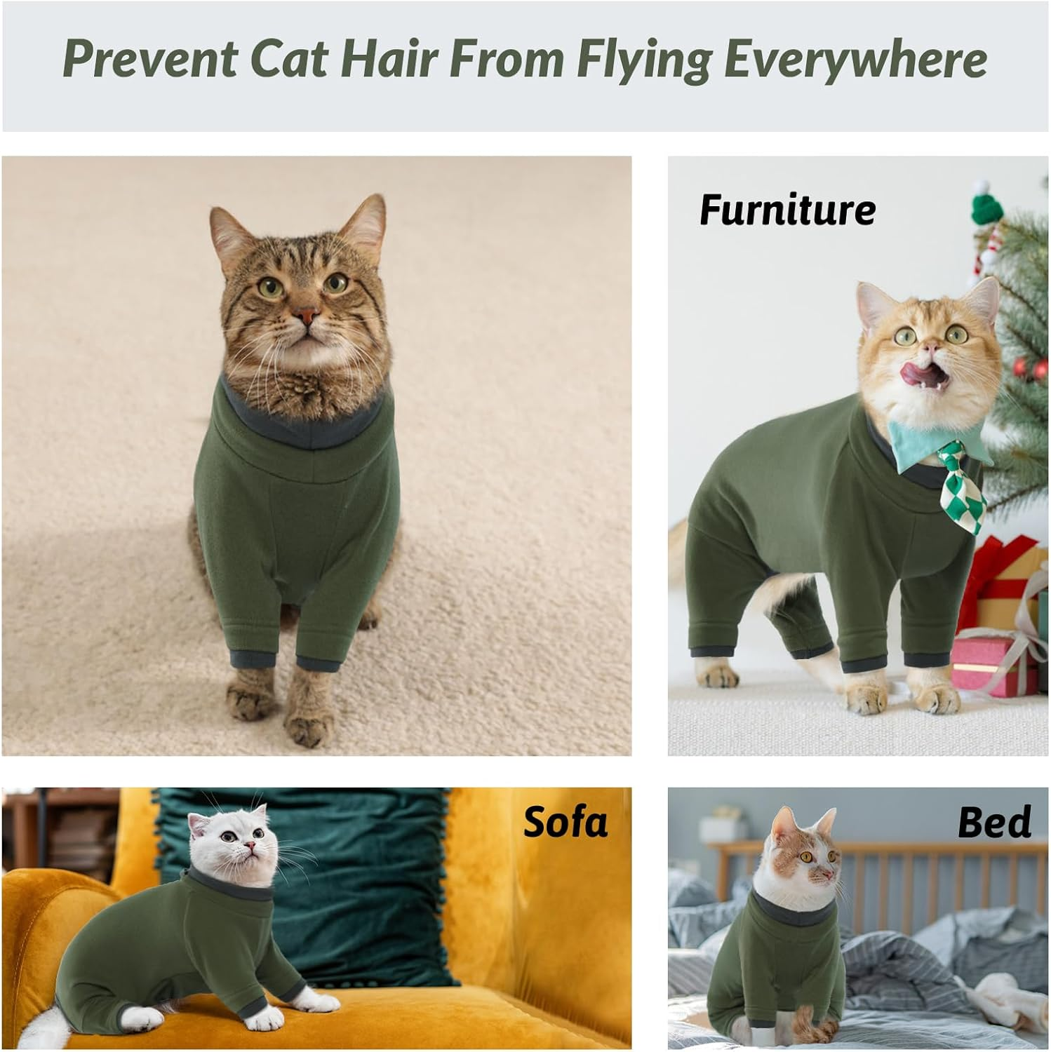 Kitten Clothes, Soft Pajama Winter Jacket Kitten Onesie Overall Four-Legged Warm Clothes Cat Recovery Suit Female after Surgery Hair Sticky Onesie(Army Green, XS) image number 7