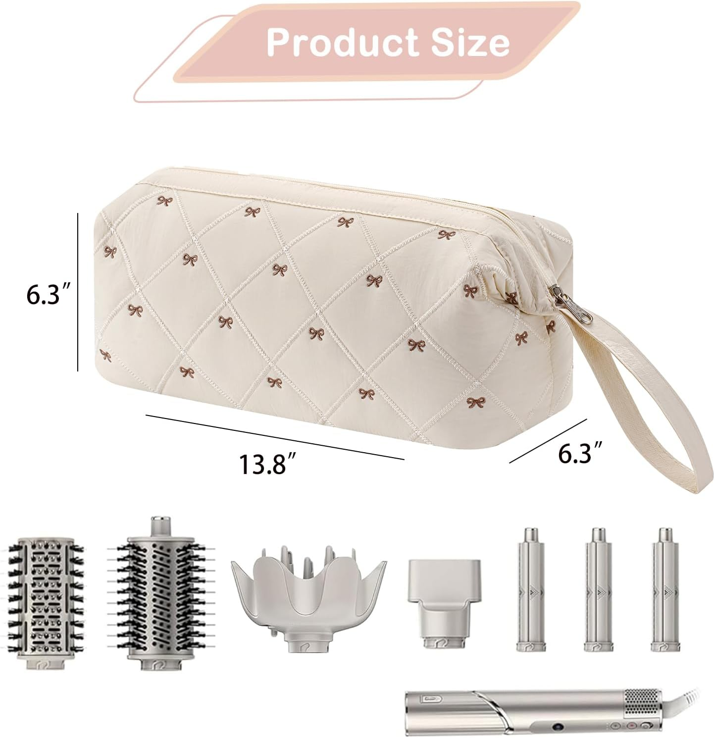 RSRSLEII Large Quilted Hair Tools Travel Bag with Bow Pattern,Waterproof Hair Styling Accessories Storage Case for Shark Flexstyle, Dyson Airwrap Hair Dryer, Curling Iron, Revlon Hair Tools, 03Beige image number 3