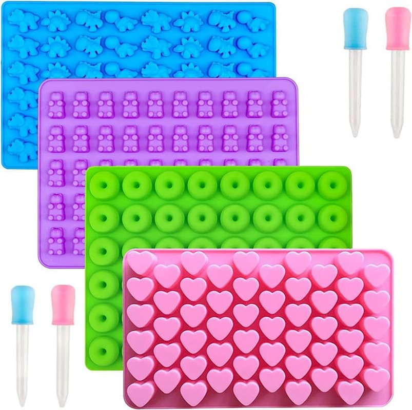 4 Pcs Gummy Candy Molds Silicone, Mini Fruit Silicone Gummy Mold with 4 Pcs Dropper for DIY Gummy, Non-Stick Silicone Candy Molds Including Bear Shape and Mini Donut for Chocolate Jelly, Candy