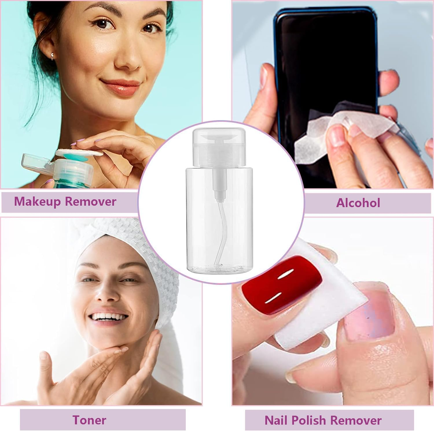 Push down Pump Dispenser 3Pack Nail Polish Remover Pump Bottles Alcohol Acetone Dispenser Clear Empty Pump Dispenser for Makeup Remover Travel Bottles with Stickers image number 1