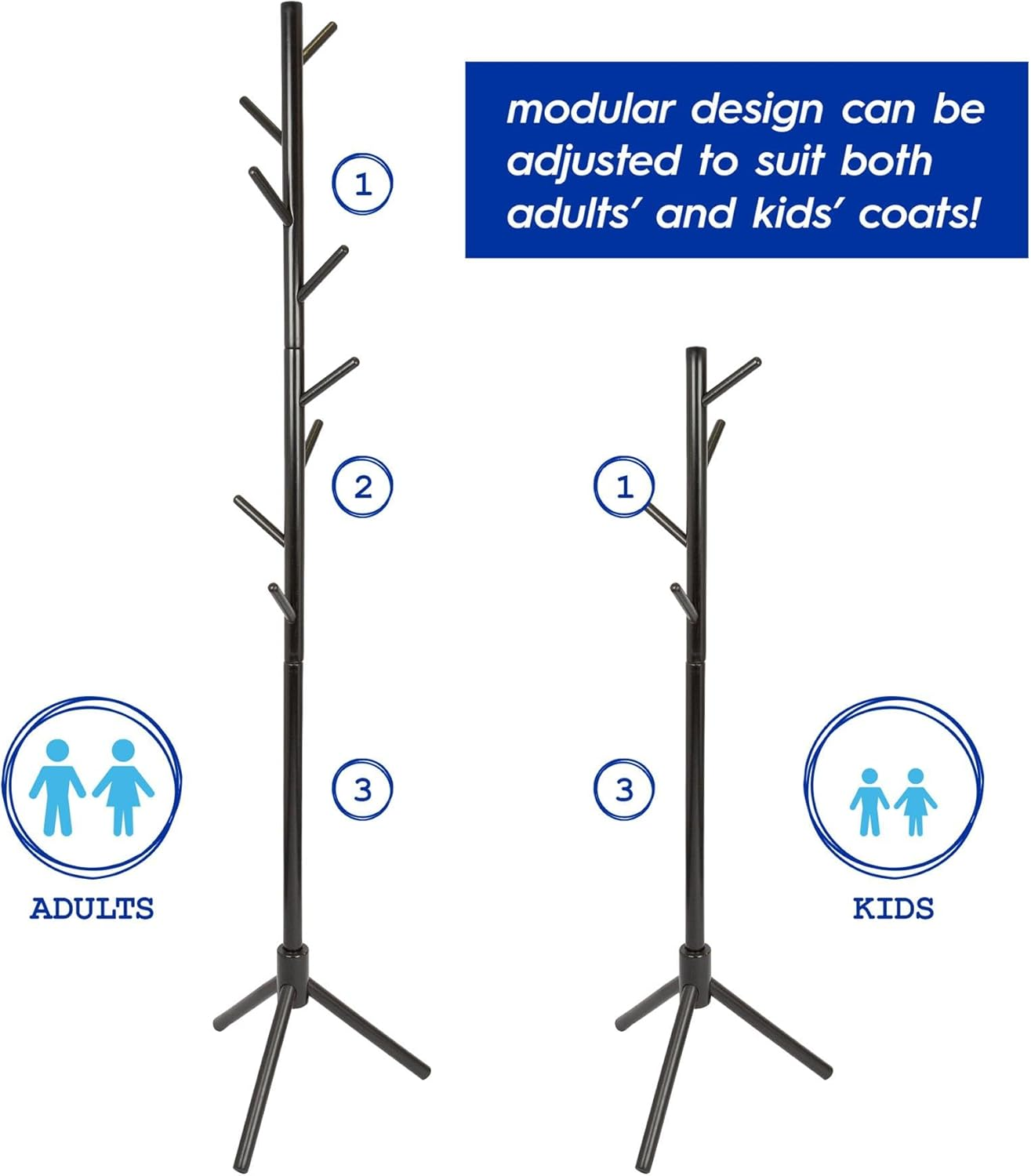 Harbour Housewares Black Wooden Coat Rack Stand with 8 Hooks - Hall Tree Entryway Storage Floor Freestanding Coat Stand for Clothes, Jackets, Bags, Hats image number 2