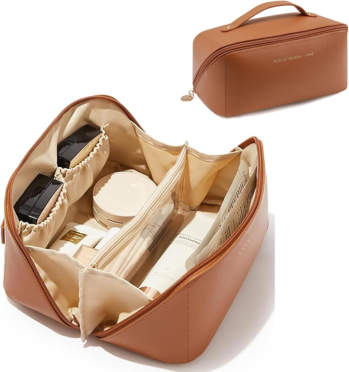 SYGELER Premium PU Travel Cosmetic Organizer - Waterproof Large Capacity Makeup Bag for Women, Portable Toiletry Storage with 5 Compartments, Vacation Essentials (Brown) image number 6