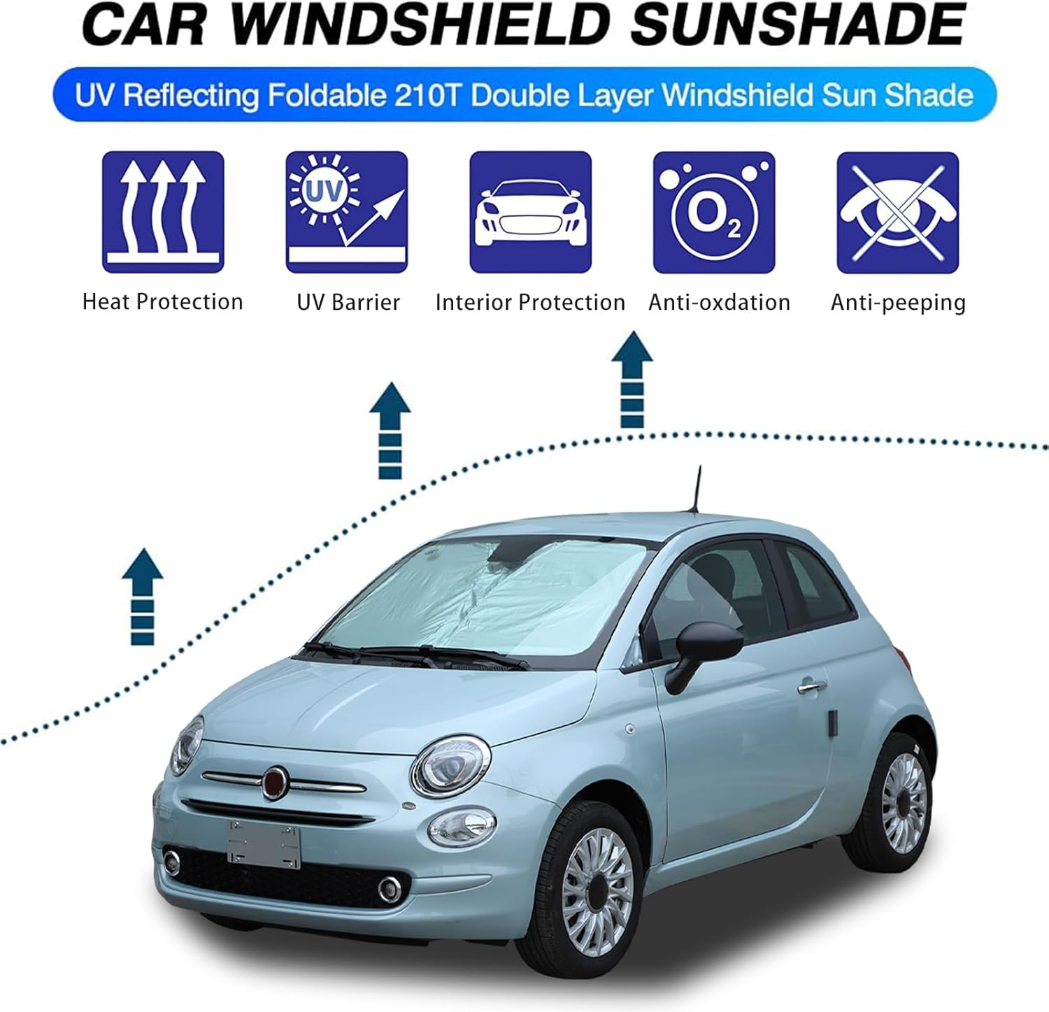 The Original Windshield Sun Shade Compatible with Fiat 500 2010-2024 Abarth 595 2014-2024 Car Windshield Reflective Sunshade Protector Sun Shade Accessories (Silver)