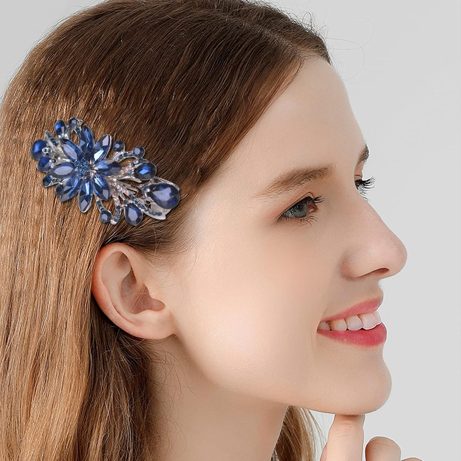 Sankuwen Flower Luxury Jewelry Design Hairpin Rhinestone Hair Barrette Clip (Dark Blue) image number 5