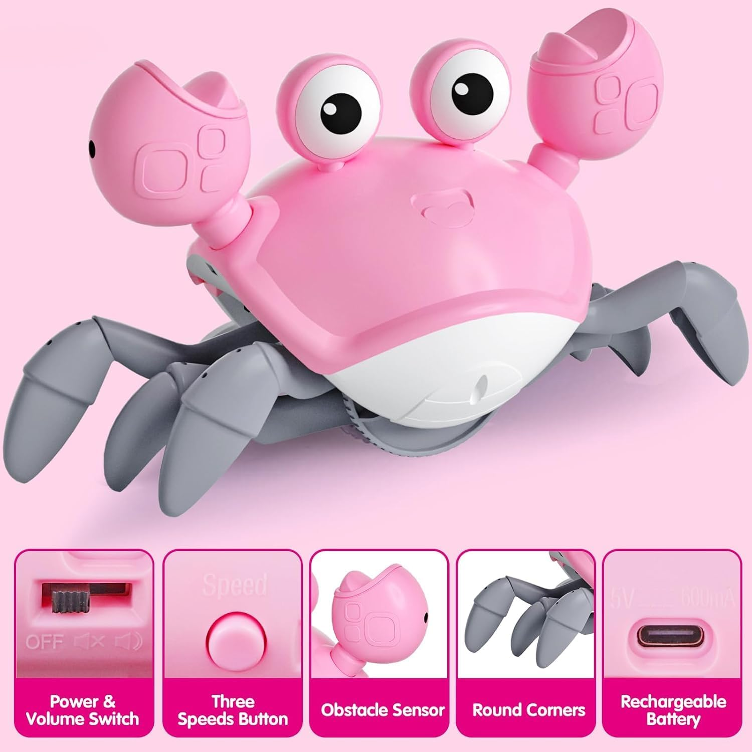 Crawling Crab Baby Toys 2.0, Tummy Time Crab Toys for Babies, Walking Crawly Crab with Sound&Speed Control for Infant Toddler 4 5 6 7 8 9 10 11 12 Boy Girl Birthday Gifts (Pink) image number 2