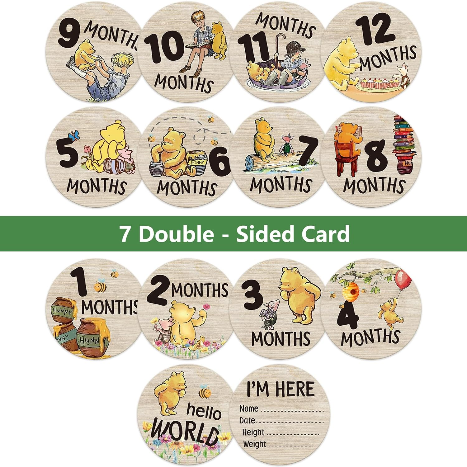 The Winnie Baby Bear Month Milestone Circles, Wooden Discs Stuff for Baby Photo Takens with Hello World Name Signs - 7Pcs Double Sided Signs for Documenting Growth image number 4
