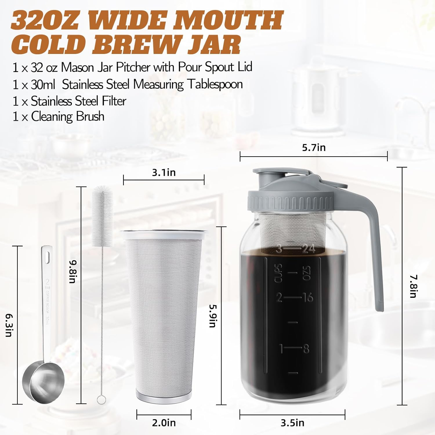 Cnsndqedke Cold Brew Coffee Maker, 32 Oz Wide Mouth Mason Jar Pitcher with Stainless Steel Filter, Pour Spout Handle Lid, Heavy Duty Glass Airtight & Leak-Proof Pitcher for Iced Coffee & Tea Lemonade image number 6