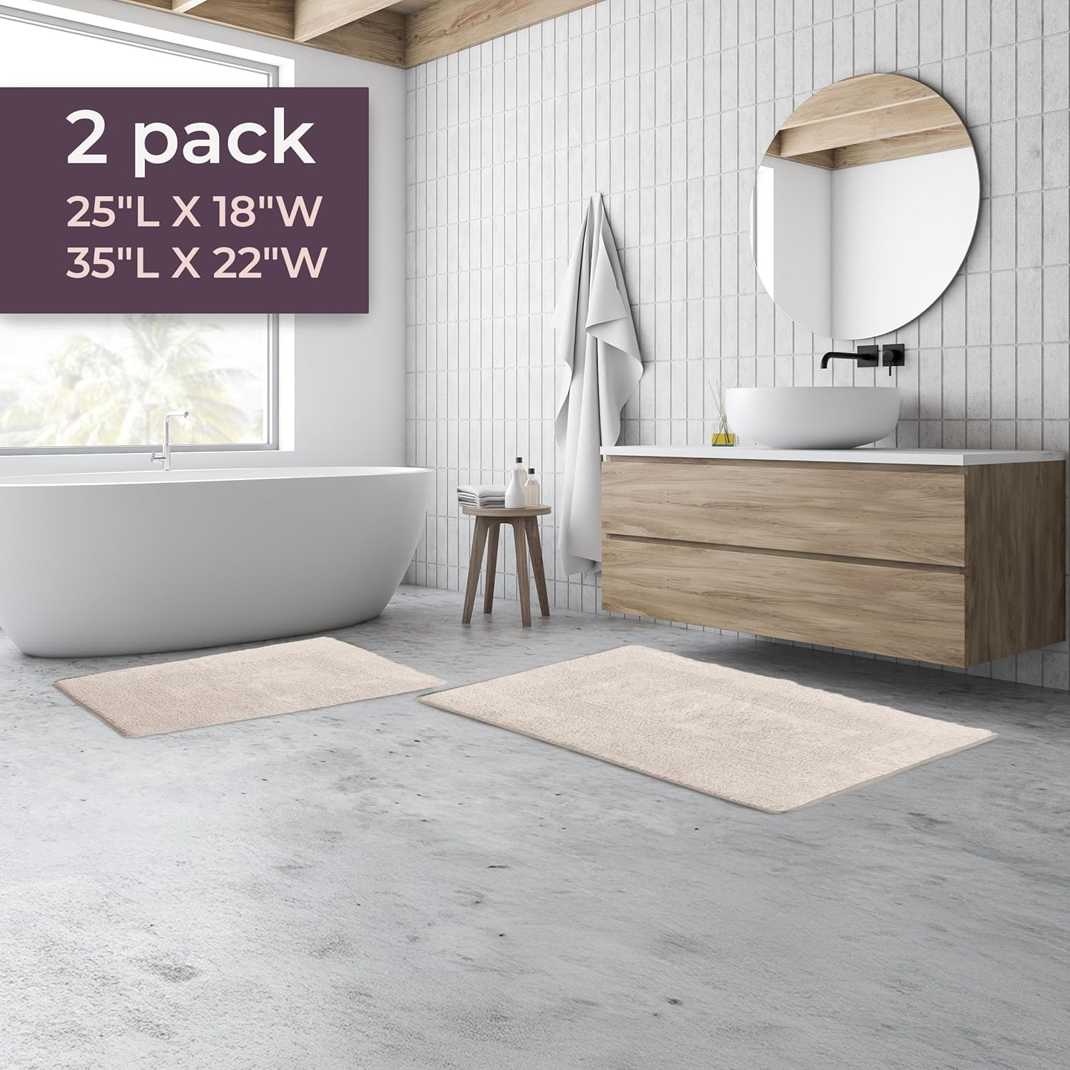 Lavish Home Cotton Bath Mat Set- 2 Piece 100 Percent Cotton Mats- Reversible, Soft, Absorbent and Machine Washable Bathroom Rugs by (Ivory) - Brown image number 7