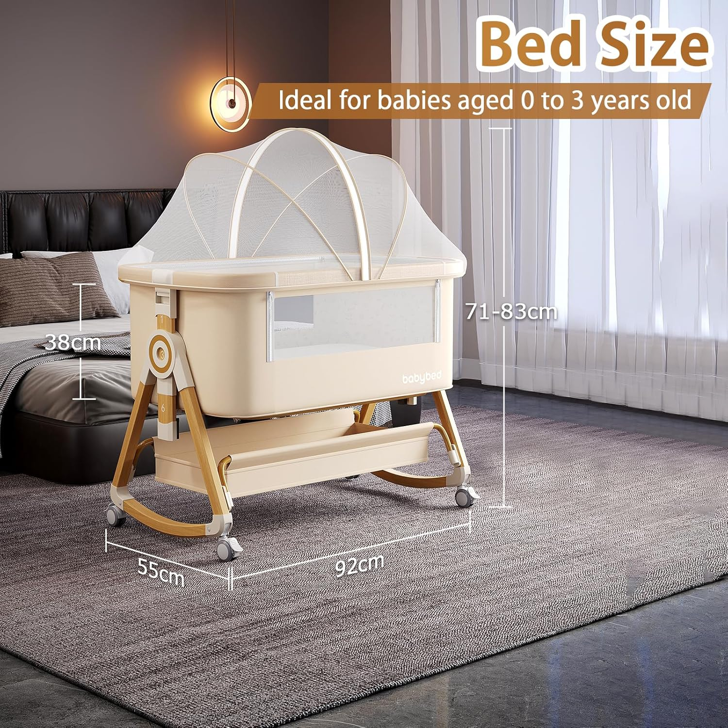 Adjustable 3 in 1 Baby Bassinets, Baby Bassinets Bedside Sleeper, Bedside Crib with Wheels, Storage Basket, Mosquito Netting,Portable Newborn/Crib image number 5