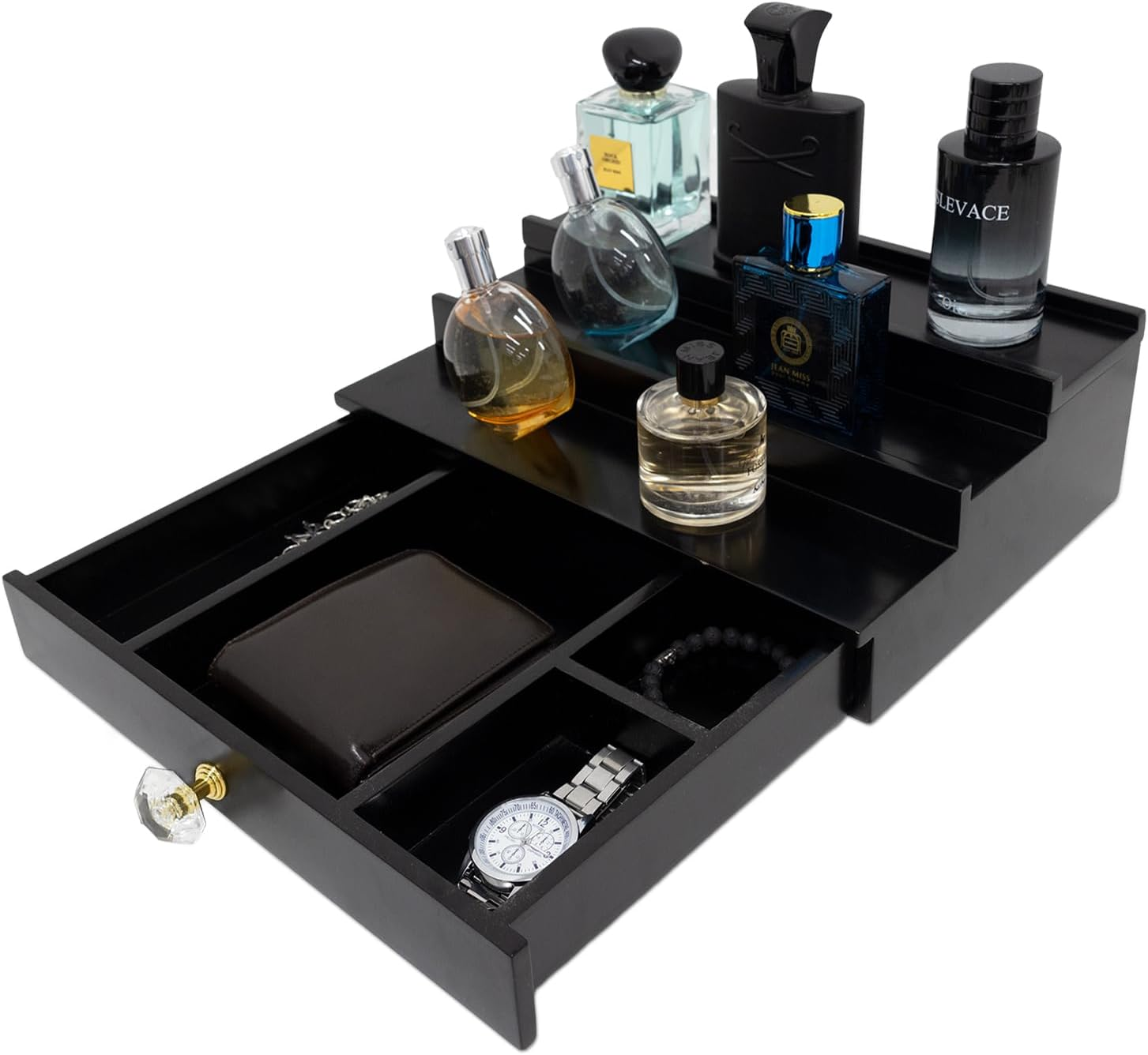 Cologne Organizer for Men, 3 Tier Mens Perfume Stand with Drawer Cologne Tray - Wooden Cologne Stand Perfume Dresser Organizer Display Risers Great Gift Choice for Men-Black image number 1