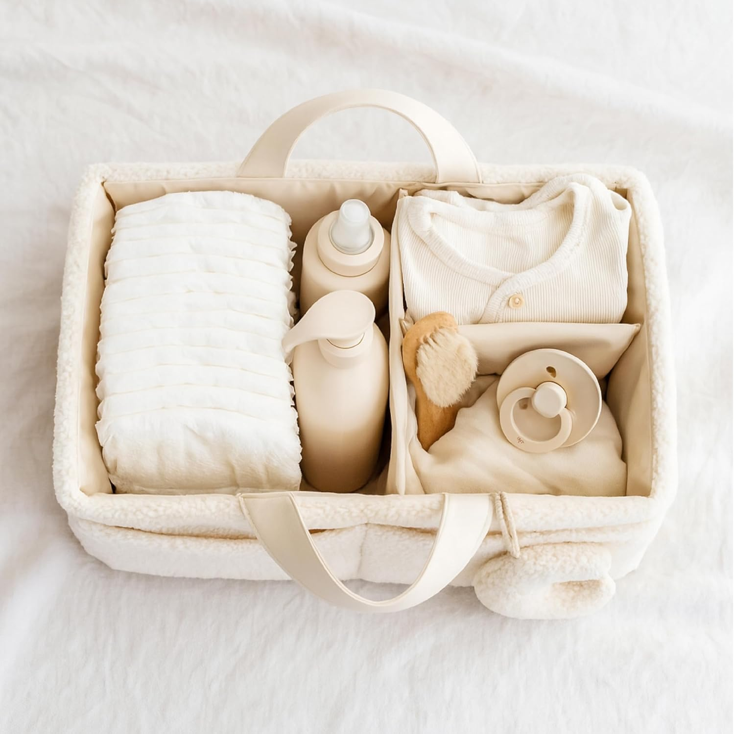 Orelle Sherpa Diaper Caddy Organizer with Matching Pouch | Portable Changing Table Organizer | Teddy Diaper Caddy | Baby Shower Gifts | Baby Organizers and Storage | Boucle Baby Basket | Cream