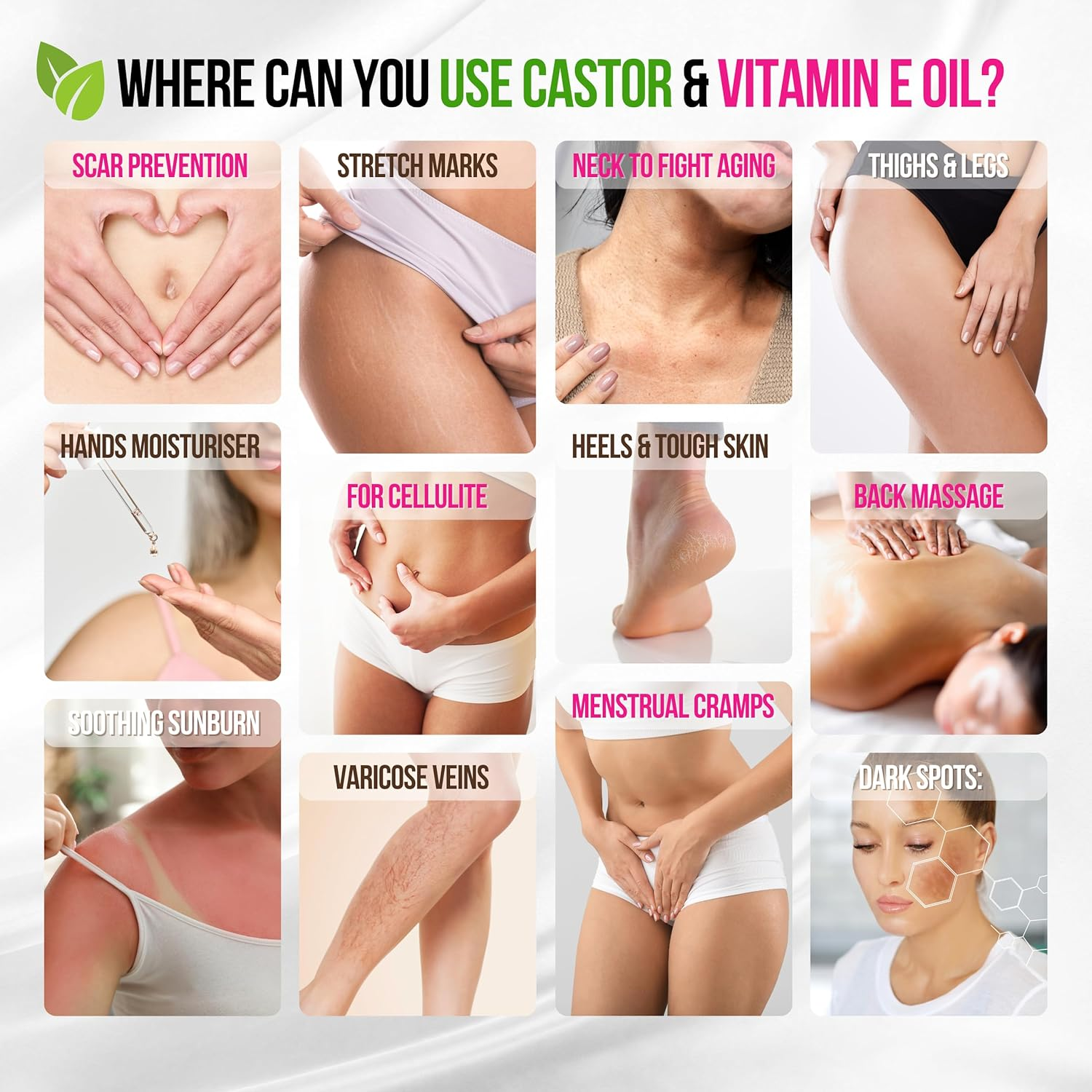 Organic Castor Oil with Vitamin E Face & Body Oil - 12-In-1 Fast Absorbing Multi-Purpose Moisturizing Elixir for Skin, Scars, Stretch Marks & Wrinkles. Cold Pressed, Hexane-Free, All Skin Types image number 5