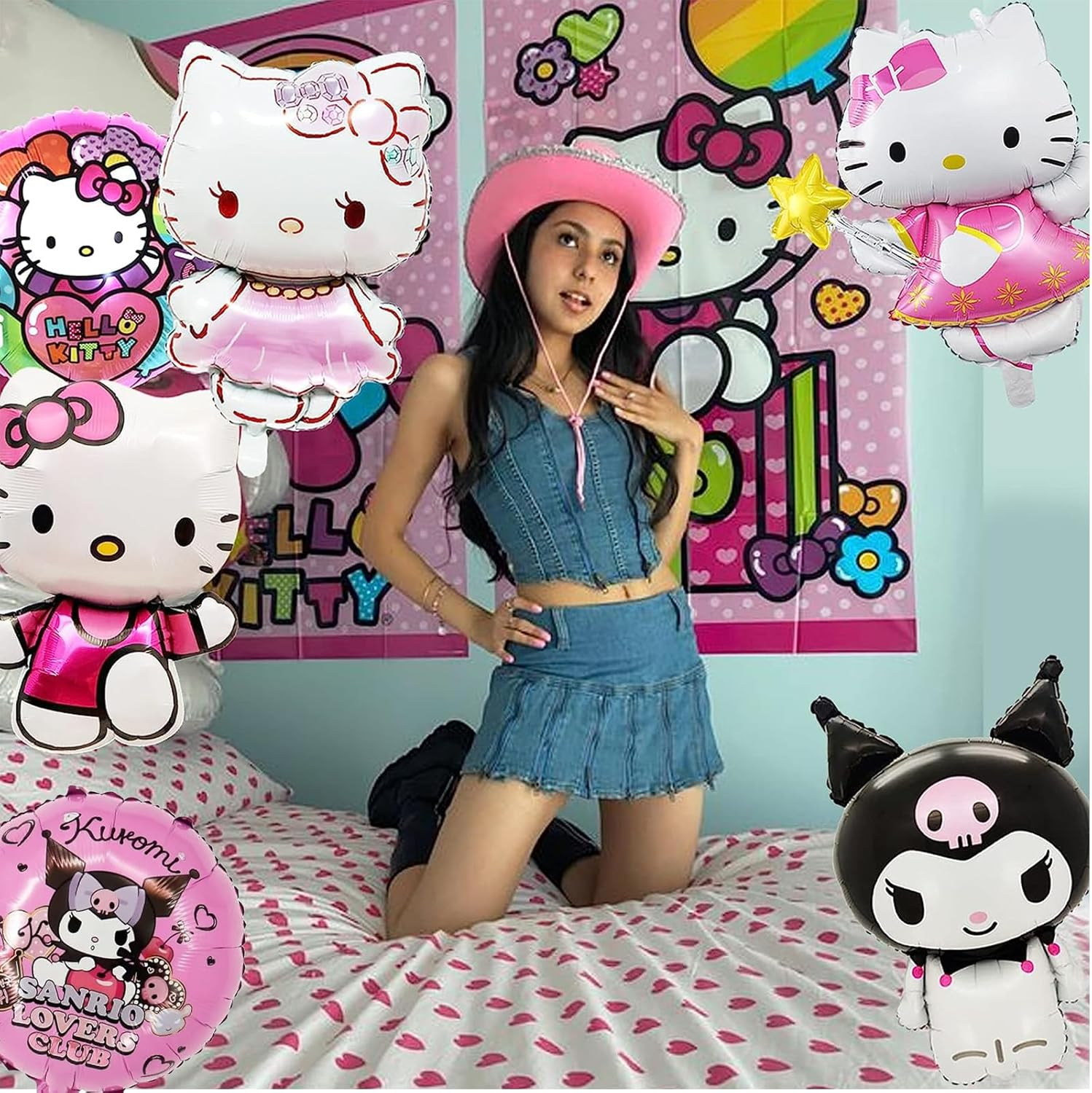 Niumowang Kuromi Hello Kitty Birthday Decoration Foil Balloon Set, 9 Pieces, Pink, Foil Balloon Set, Balloons, Balloon Set, Anime, Birthday, Christmas, Children, Kids