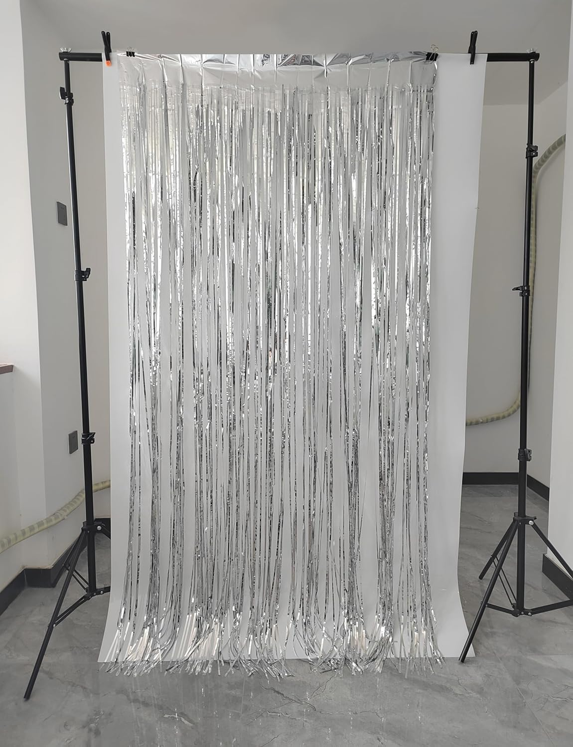 CYBERNOVA 2 Pack Fringe Curtain Backdrop, 3.2Ft X 6.6Ft Metallic Tinsel Foil Fringe Streamers Curtains Background for Wedding Birthday Anniversary Graduation Party Decoration (Silver) - Blue image number 6