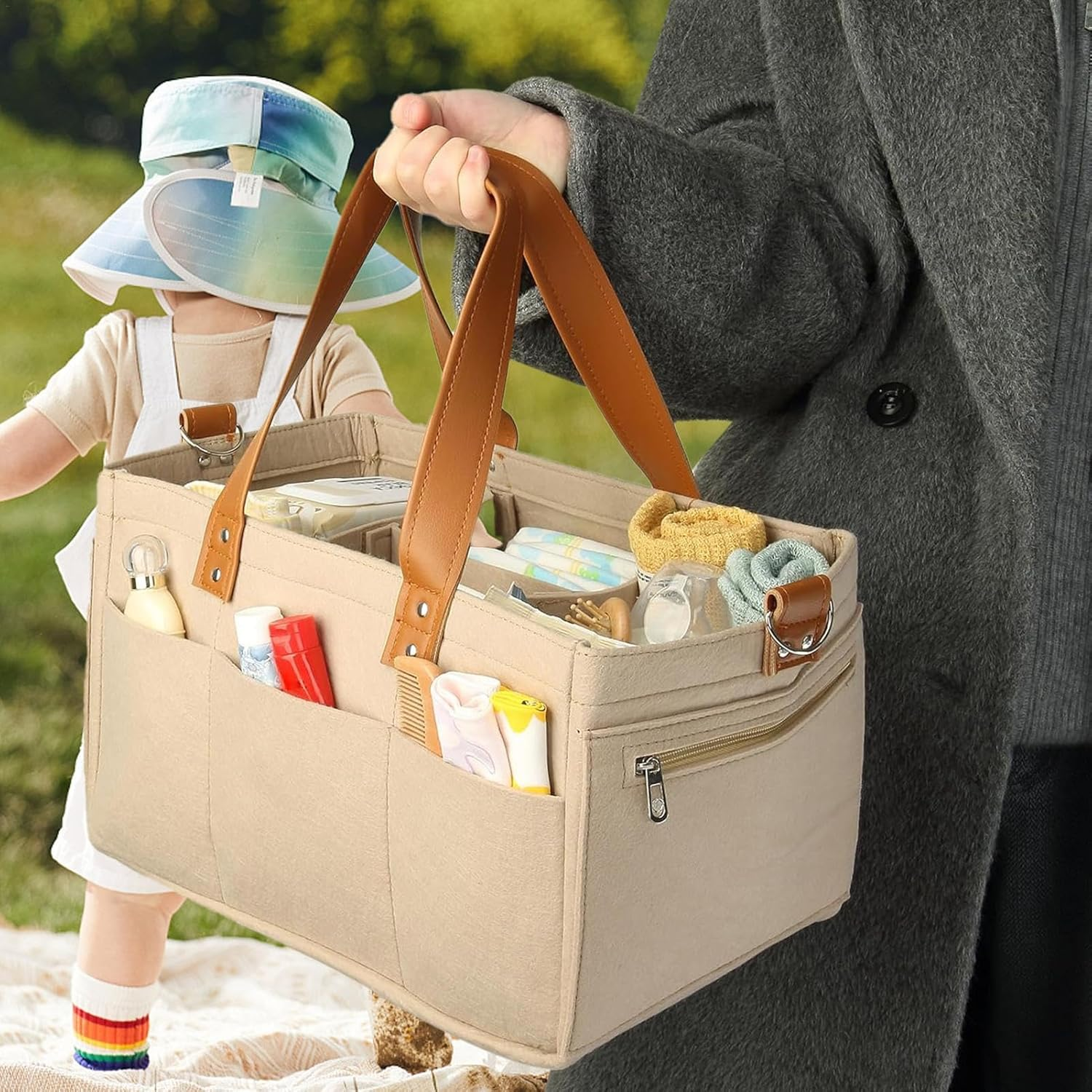 Diaper Bag,Felt Large Capacity Mom Bag Hand Bag | Mom Bag Hand Bag, Baby Travel Storage Bag, Travel Diaper Organizer Basket for Diapers image number 2