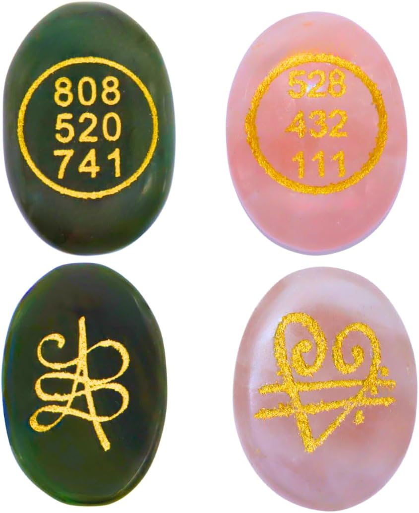 Combo of Green Jade and Rose Quartz Stone Zibu Coin - Pre-Energized Money Switch Word and Zibu Symbol Angelic Number Oval Stones Coin - Golden Engraving - Anxiety Stone - Worry Stone - Palm Size image number 3
