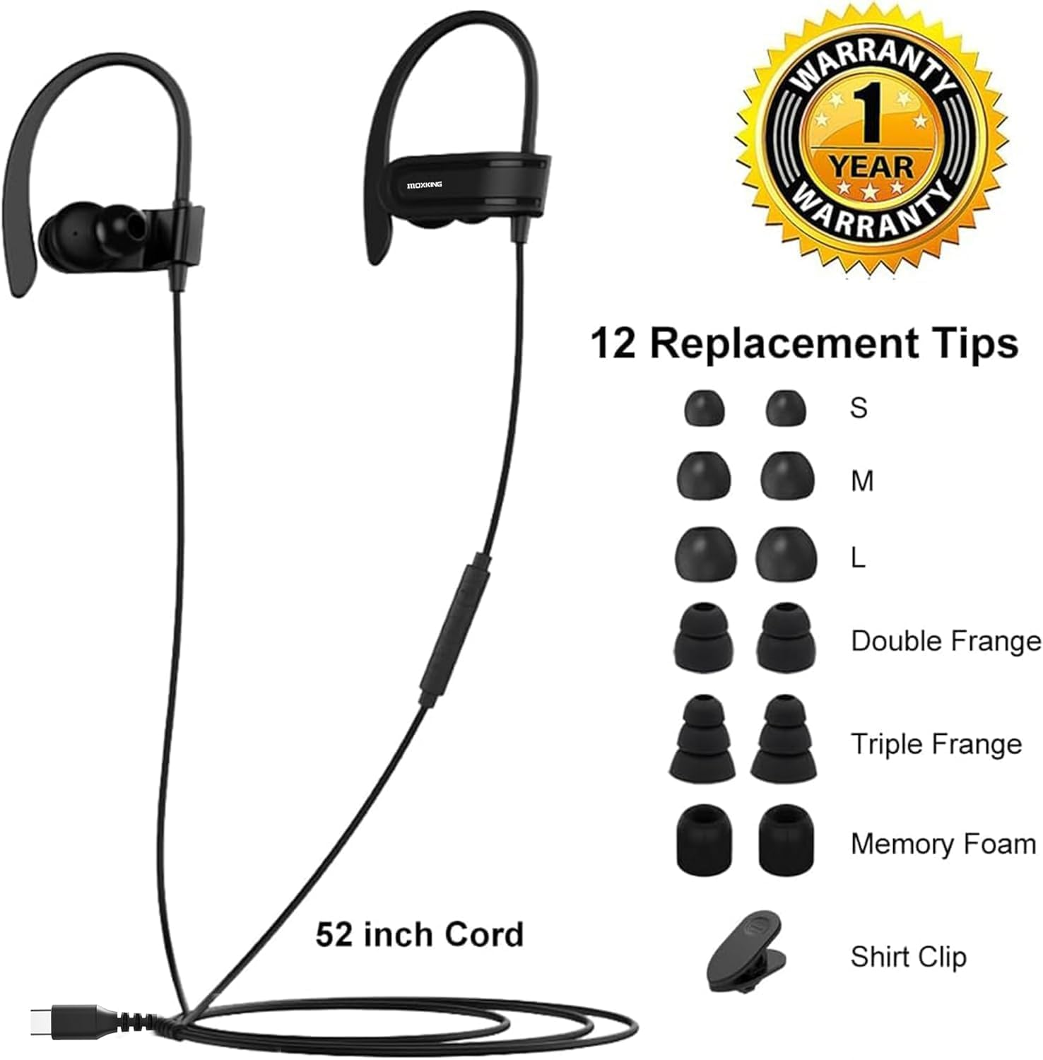 Wired USB C Headphones for Iphone 15, Ipad, Samsung, Google and Other USBC Android Phones, Type C Headphones with over Ear Hook, Microphone, Volume Control and Earbuds Case for Sports, Running