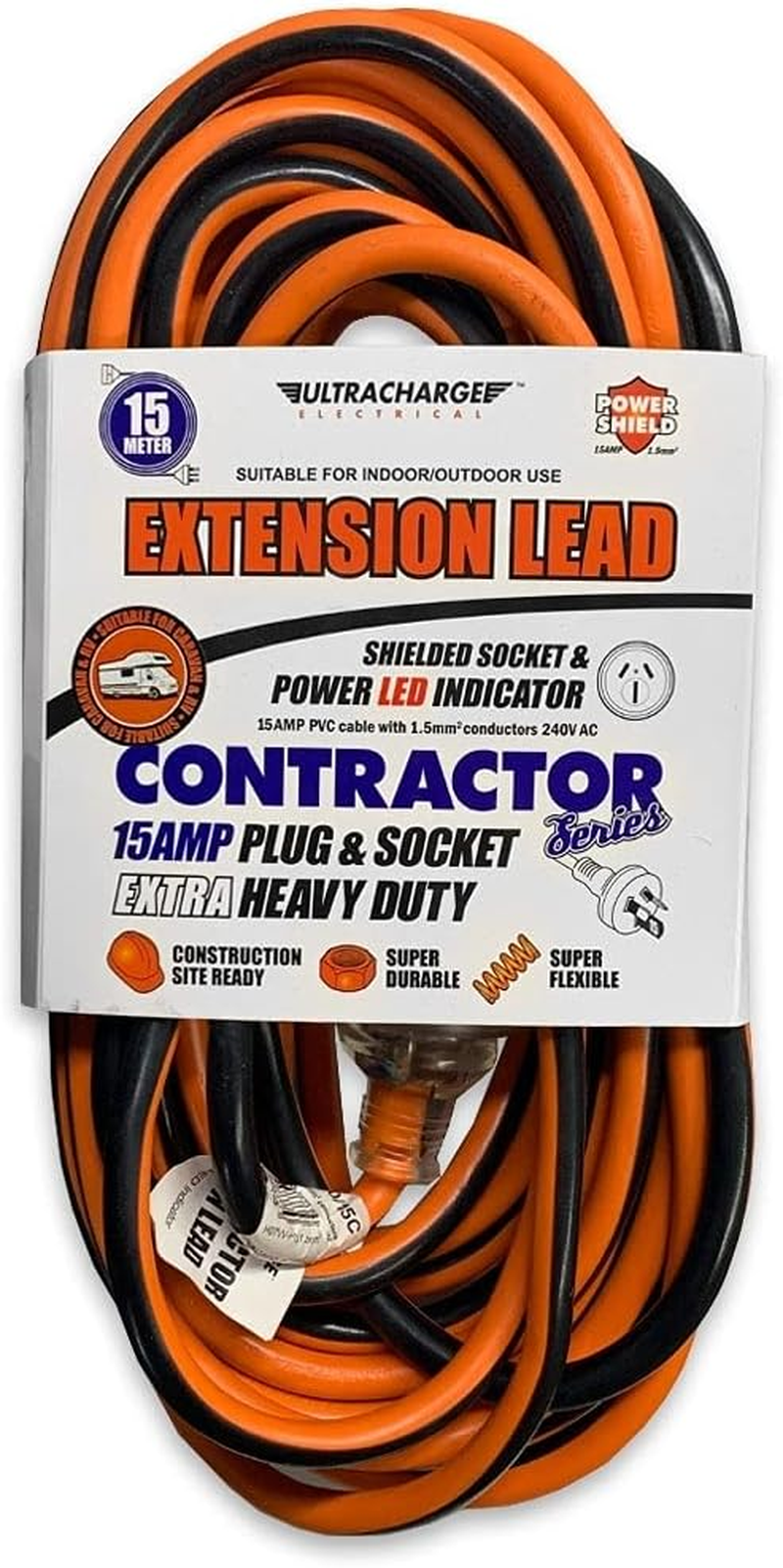 Ultracharge 15M Extension Lead Cable 15A 240V Heavy Duty Cord Plug/Socket Red