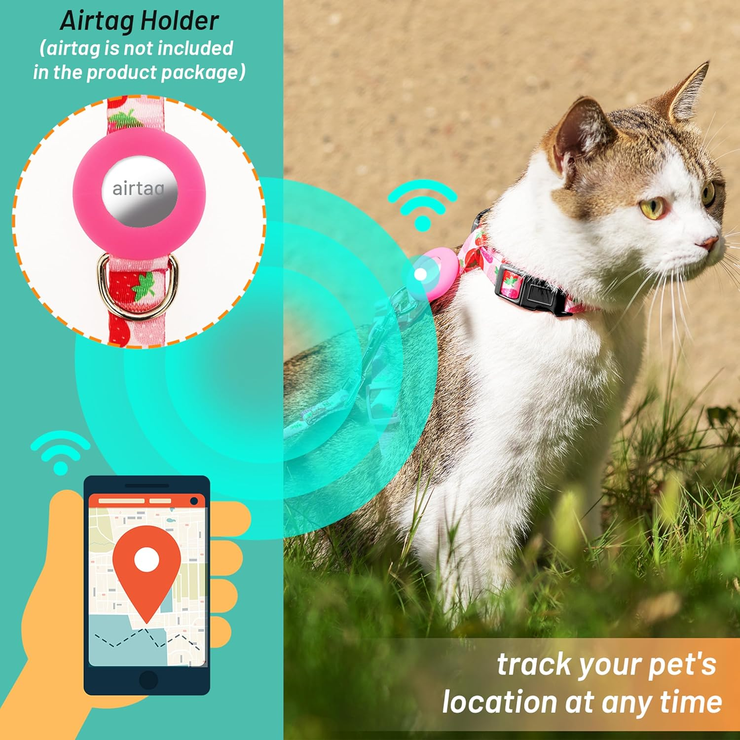 Cat Harness and Leash Escape Proof for Walking Travel Outdoor - Cute Strawberry Nylon Adjustable Cute Cat Harness Leash Set with Airtag Holder for Small Large Cats - Pink image number 2