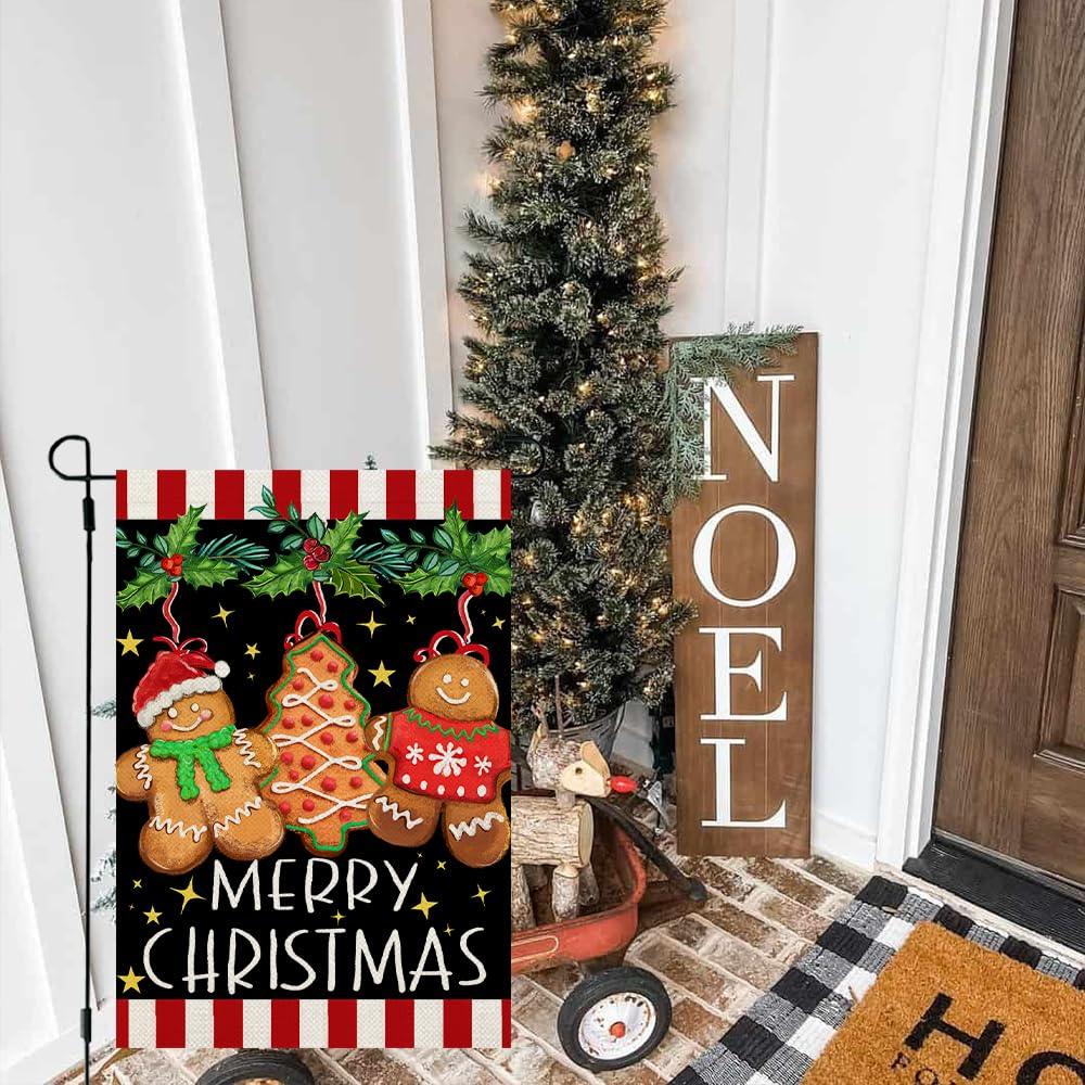CROWNED BEAUTY Merry Christmas Garden Flag 12X18 Inch Double Sided Small Burlap Holiday Gingerbread Man Flag for outside Yard CF1642-12 image number 1