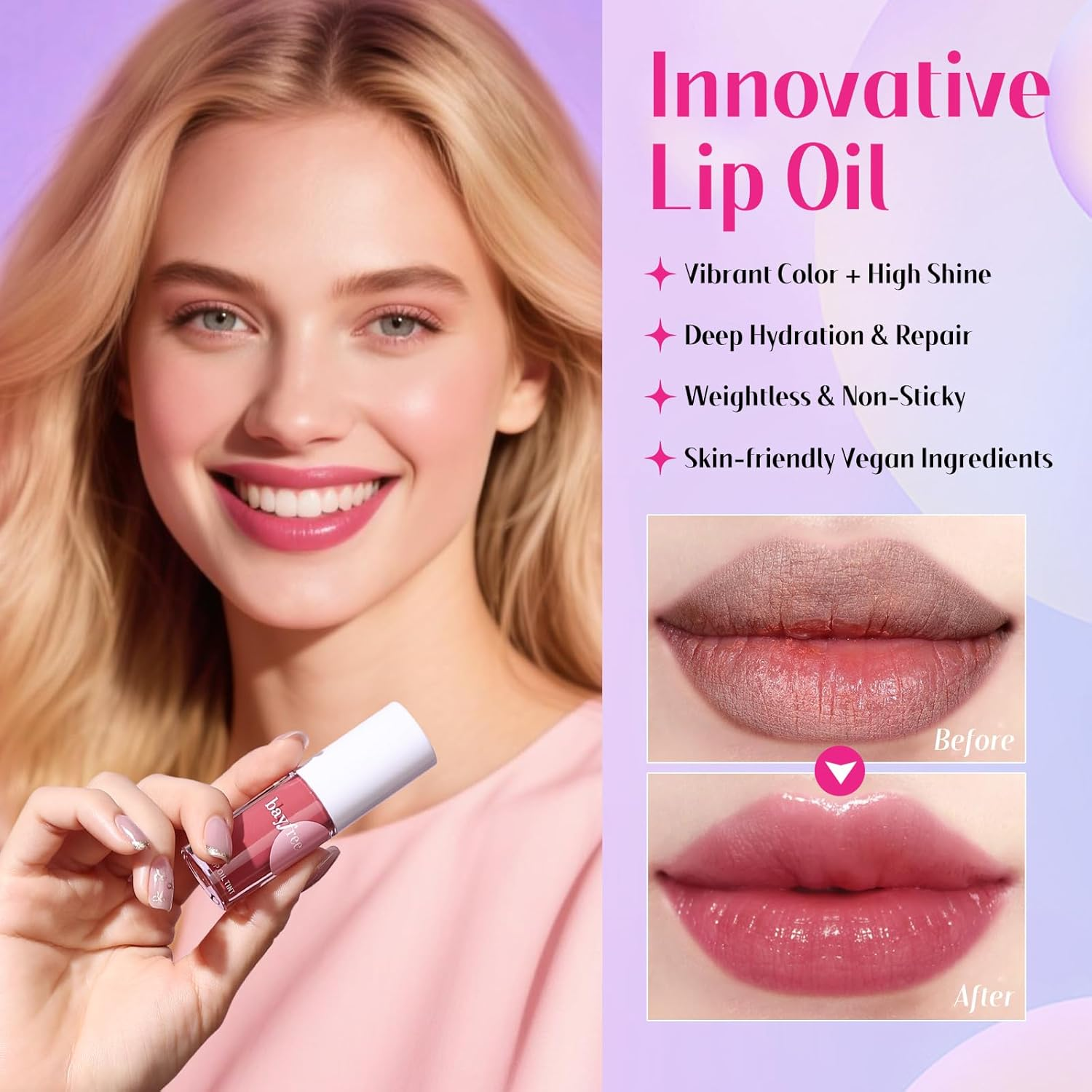 Bayfree Tinted Lip Glowy Balm Set，Lipoil Stain, Hydrating High Shine Lip Gloss Set, Long-Lasting Bright Color Lipgloss for Dull Lips, Weightless & Non-Sticky, Vegan Korean Makeup, Crystal Finish image number 2