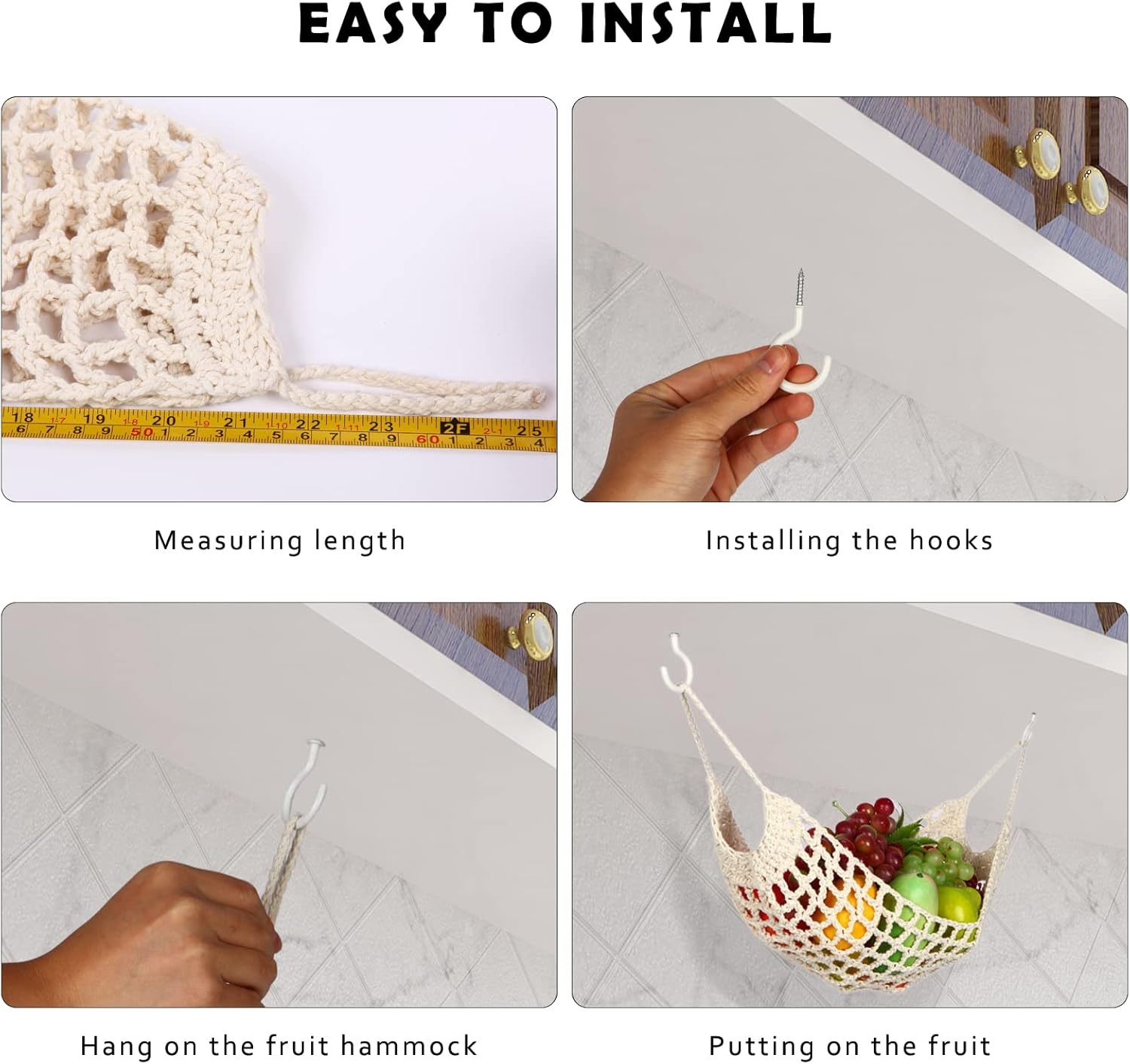 Hanging Fruit Hammock under Cabinet - Fruit and Veggie Basket - Macrame Fruit Hammock for Kitchen D&eacute;cor - Storage That Saves Counter for More Counter Space at Home, Boat, or Rv,With 4 Hooks. - Off-White-001 image number 5