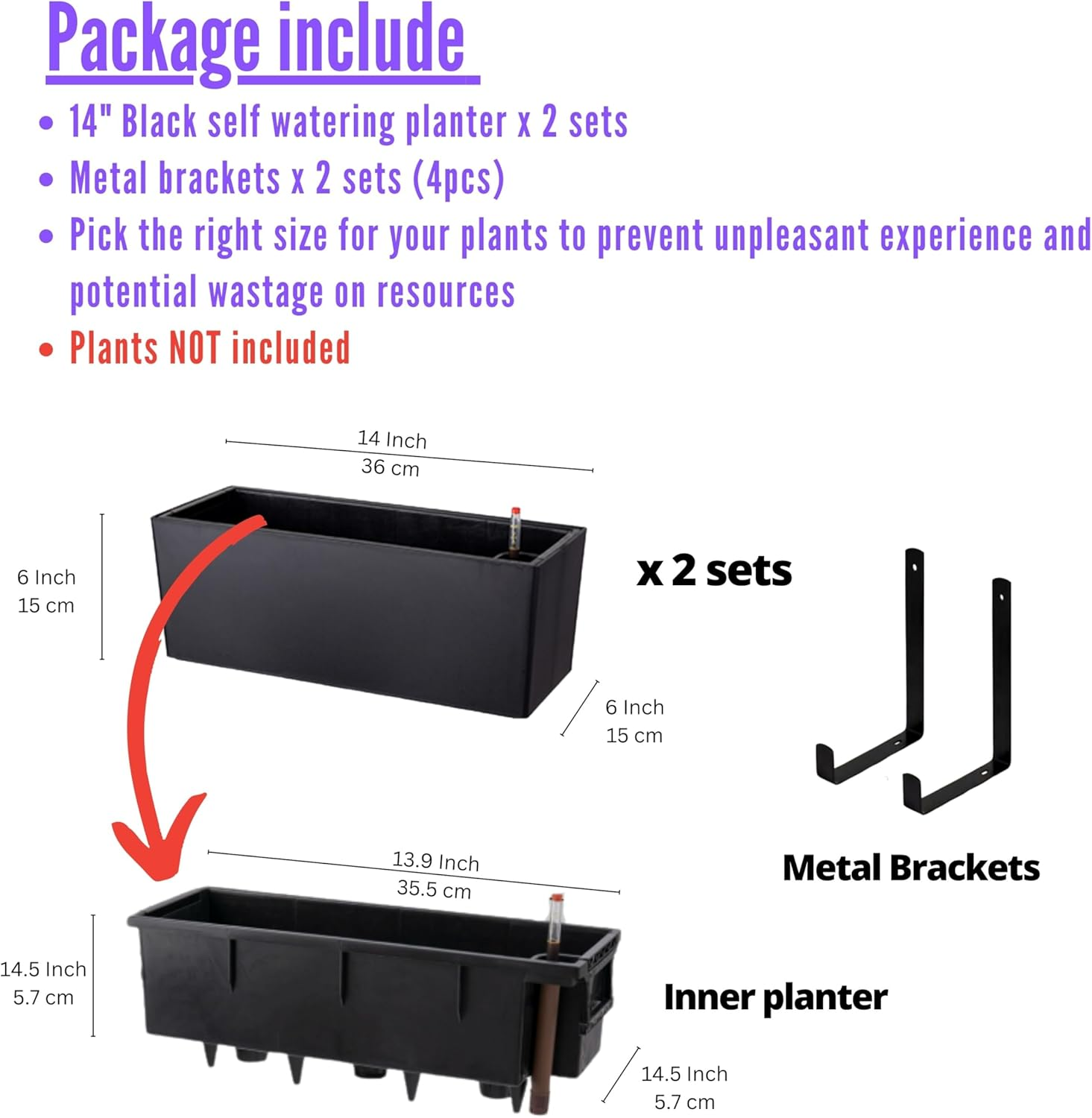 Lalagreen Wall Planters for Outdoor (2 Pack, 14 Inch) Black Self Watering System Hanging Plant Box Flower Pot, Rectangular Wall Mount Indoor Vertical Living Garden Decoration Window Sill Herb Trendy image number 6