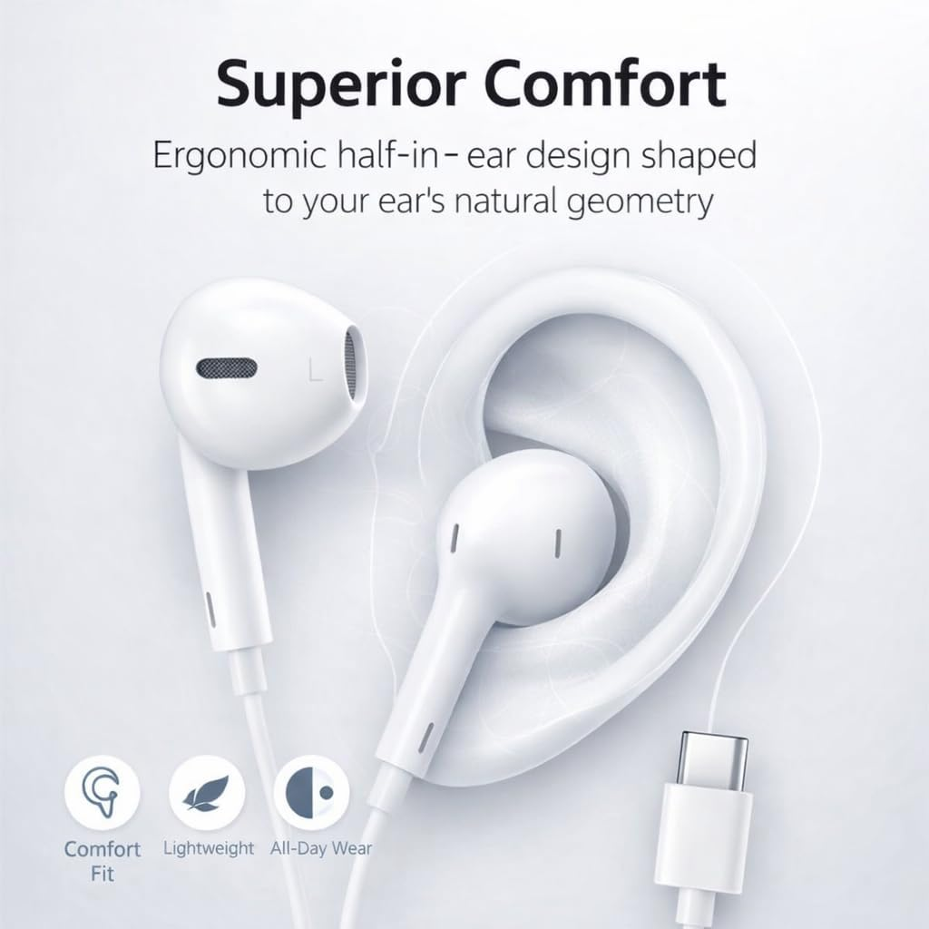 Mizi 2 Pack USB C Headphones - Wired Earphones with Microphone & Volume Control, USB Type-C Earbuds Compatible with Iphone 17/16/15 Pro Max/Plus/Air, Ipad Pro/Air, Galaxy S25/S24/S23/S22/S21, White
