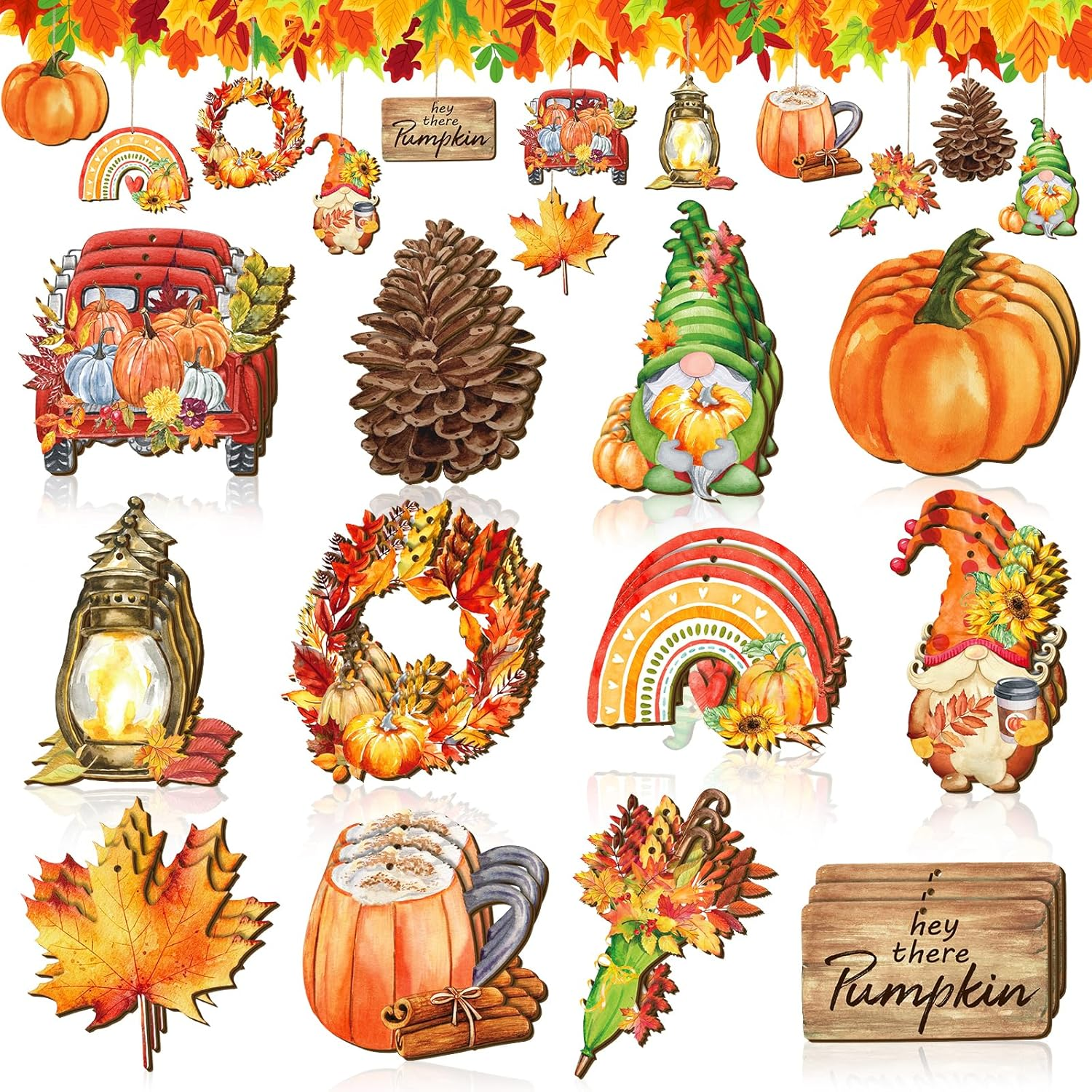 36 Pcs Thanksgiving Tree Ornaments Fall Wooden Hangings Decorations Pumpkin Gnome Maple Leaf Decorative Hanging Ornaments Autumn Harvest Party Favor Gift Tag for Holiday(Fresh Style) image number 3